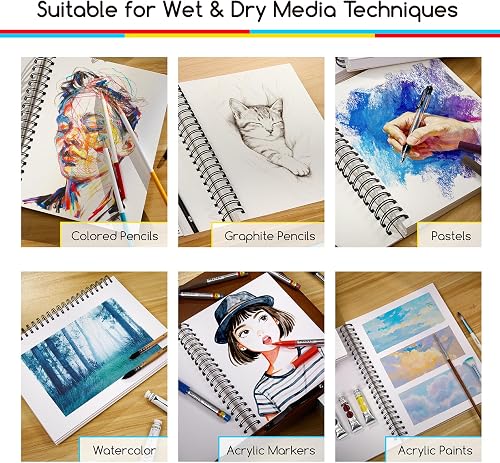 MEEDEN Bloc de papier pour supports mixtes : 22,9 x 30,5 cm, 50,8 kg/165 g/m², carnet de croquis à spirales avec couverture DIY – 60 feuilles de bloc de dessin pour supports humides et secs aquarelle - 6