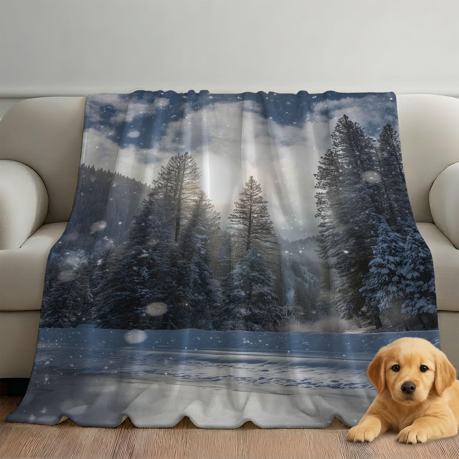 Générique Szaro-niebieski koc flanelowy z motywem eterycznego lasu ze sceną leśną, przytulny koc flanelowy, 180 cm x 200 cm, na łóżko, sofę, wystrój pokoju dziecięcego