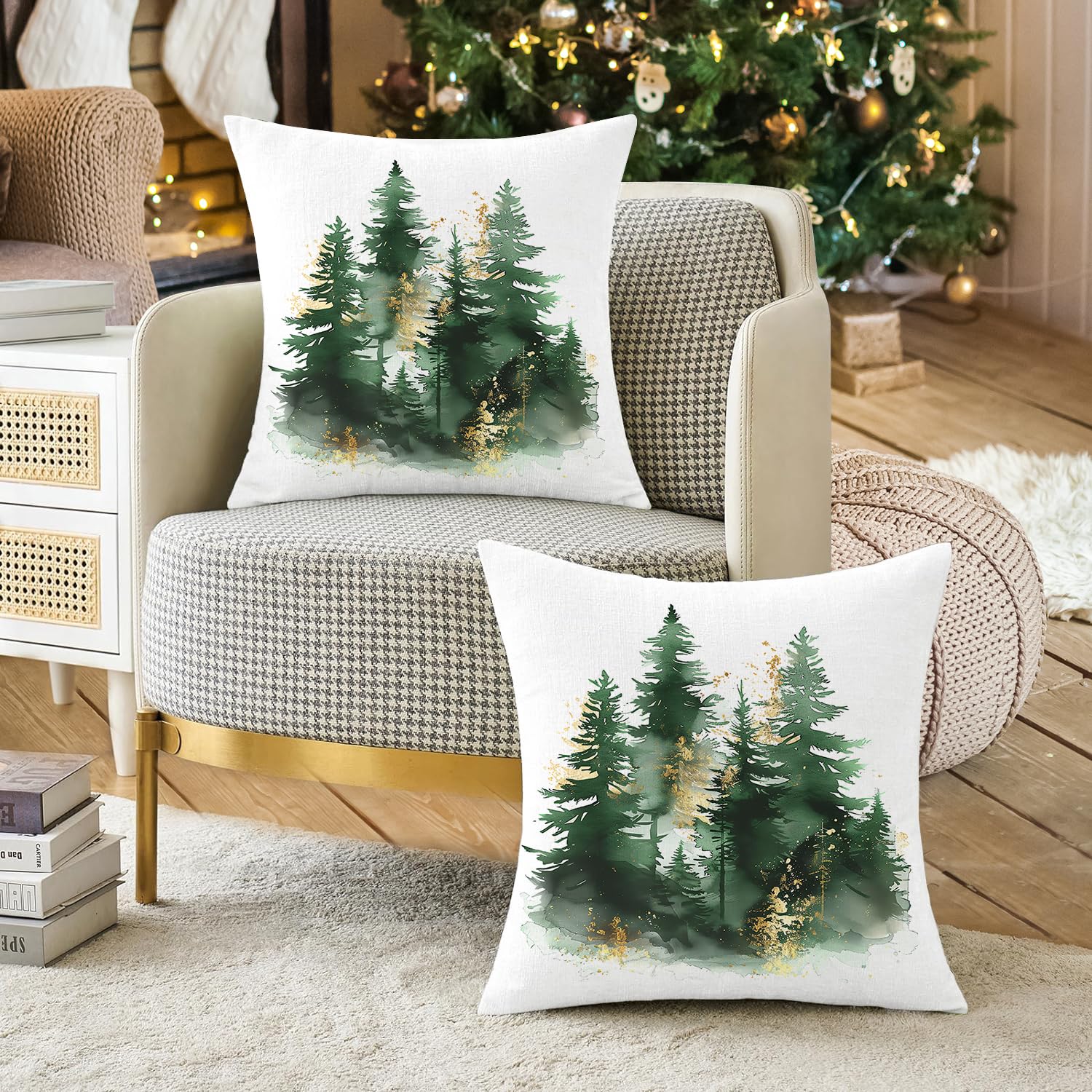 Miaikoe Christmas Cushion Covers 45x45 cm Set of 2 Green Gold Christmas Tree Rustic Decorative Throw Pillows Covers Winter Holiday Decor for Couch Sofa - Image 3
