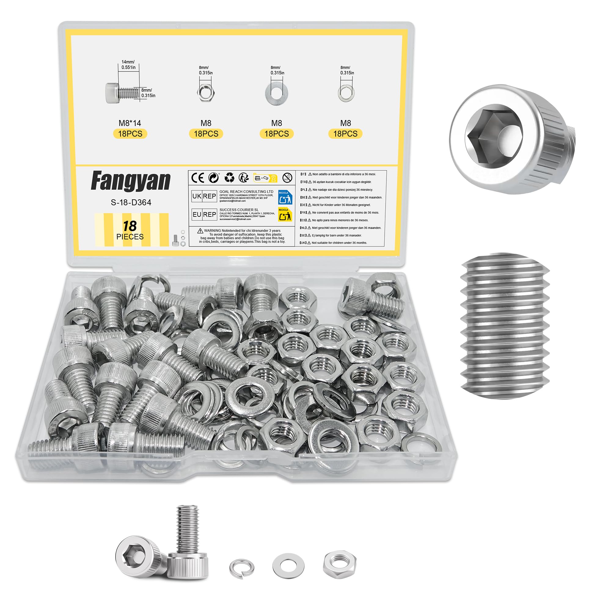 Fangyan 18 PCS M8 x 14mm Hex Socket Cap Head Bolts Set, Stainless Steel Machine Screws with Hex Nuts, Flat & Spring Washers Assortment Kit for Electronics, Small Equipment & DIY Repair