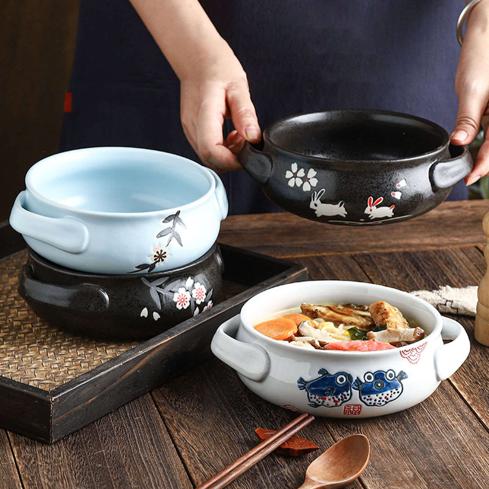 Cuenco para ensalada, cuencos para sopa, cuenco de cerámica con asa, cuenco de ramen de cerámica, cuencos Pho grandes, cuenco de sopa apto para microondas, cuenco de fideos Udon-conejo-23x20x7cm, 80