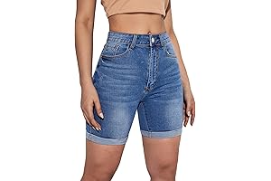 Women's High Waist Roll Up Hem Denim Shorts | Slim Fit Bermuda...