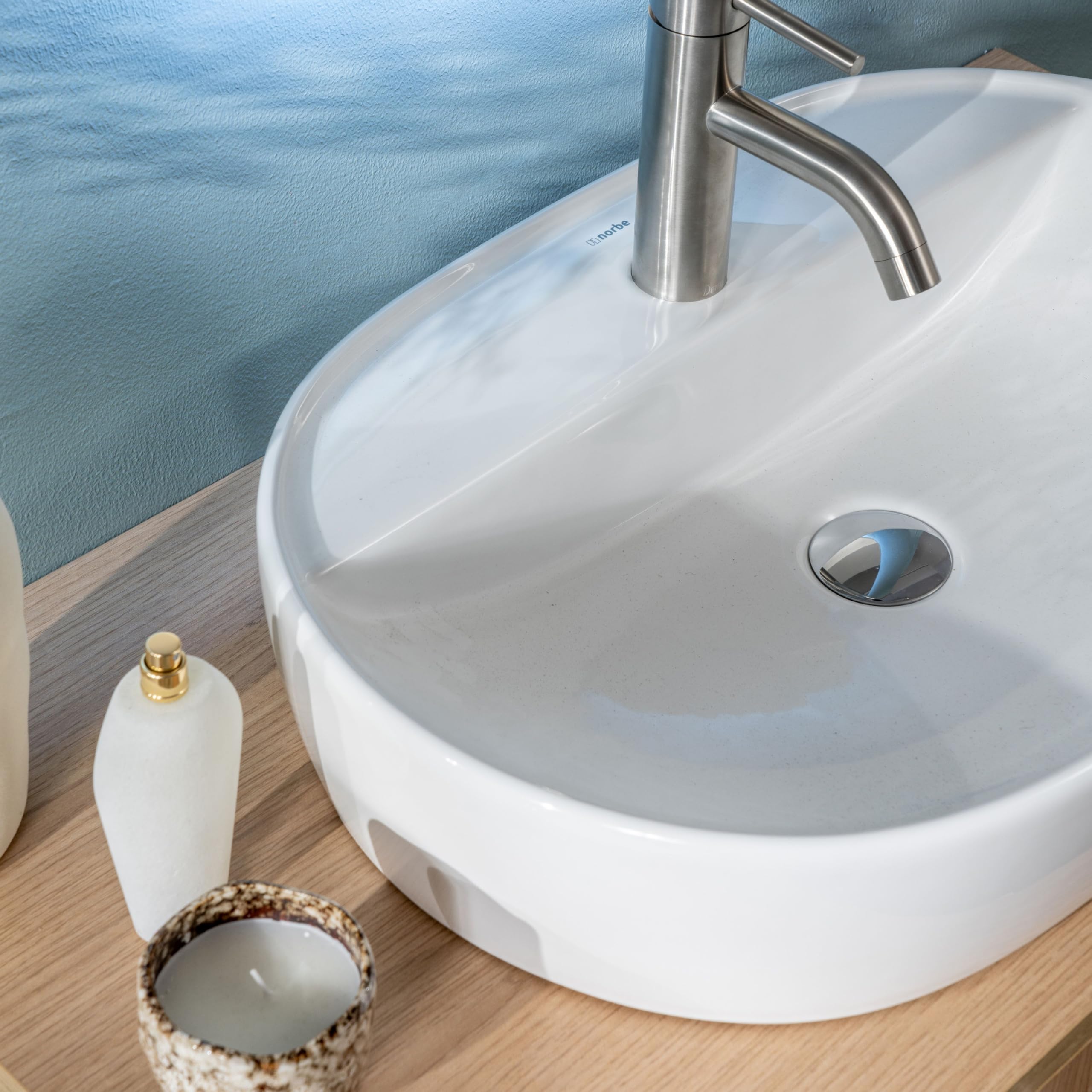 NORBE | Lavabo da appoggio in Ceramica | Lavandino in appoggio | Lavandino Ovale | Finitura Bianco Lucido | (Bianco, 50 Cm)