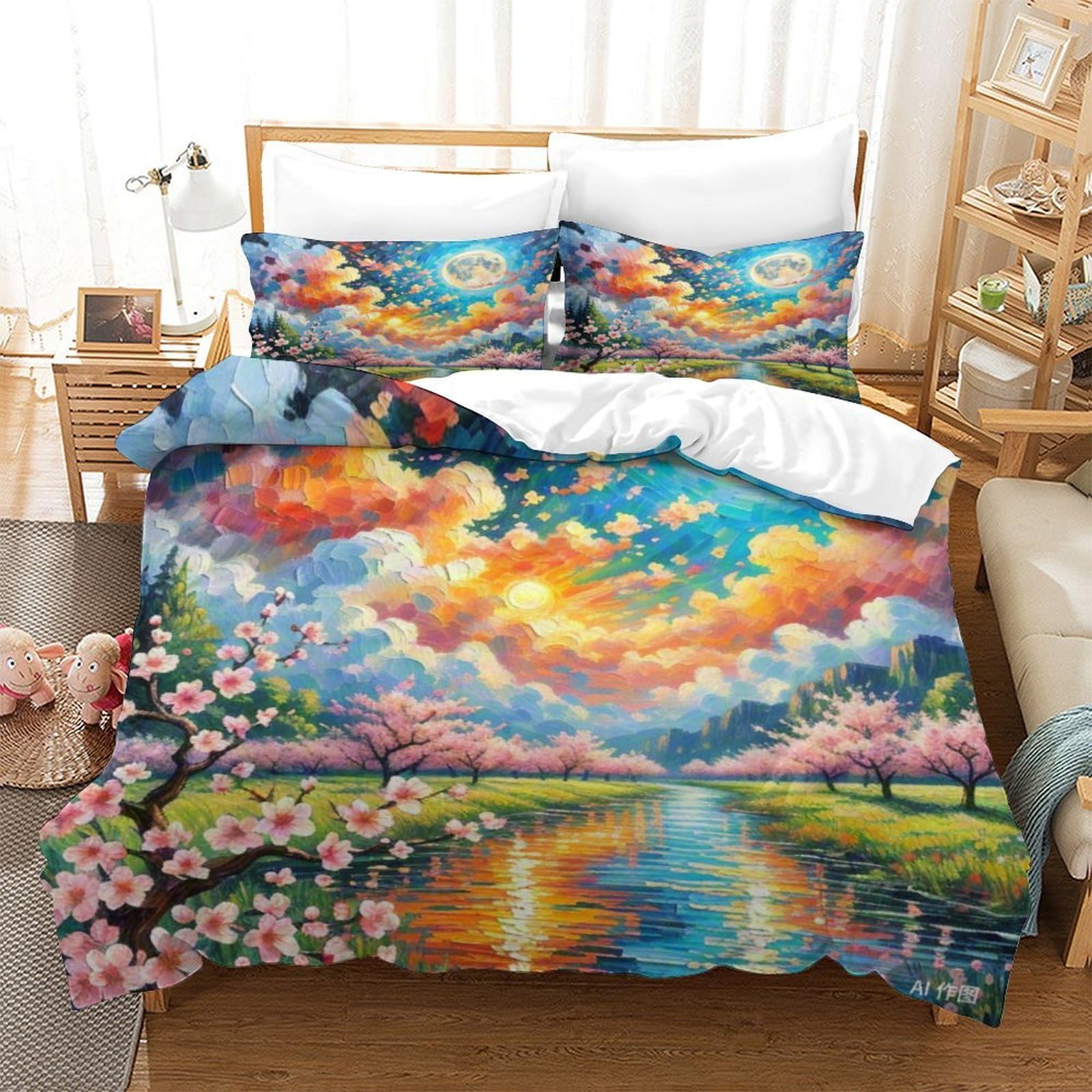 Housse de couette fleur de pêche 260x220 en microfibre pour lit super king
