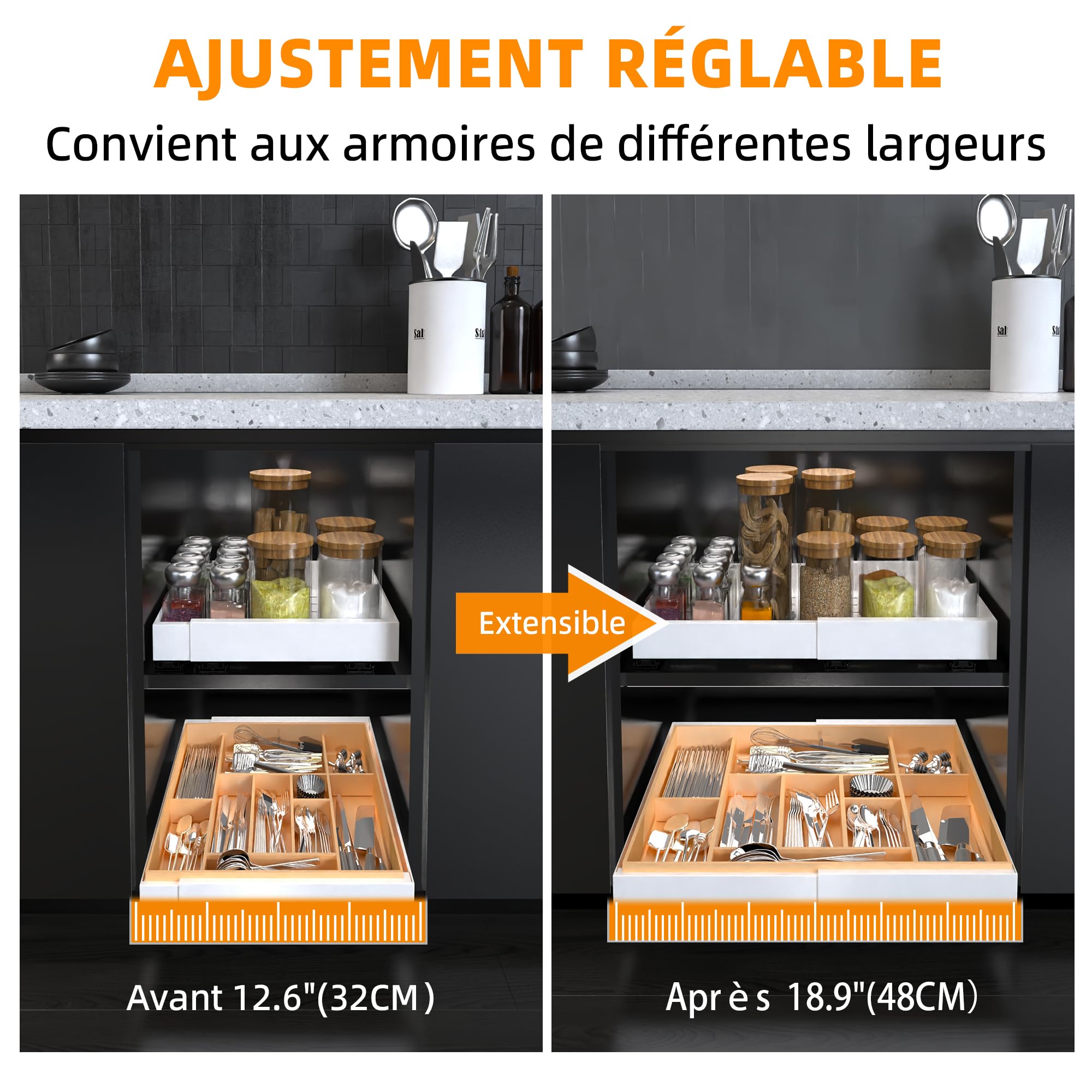 WISD Organizzatore per armadietti estraibile regolabile (32 cm - 48 cm) - Scaffale scorrevole con 3 guide, cassetto estraibile per cucina, dispensa, bagno (bianco, confezione da 2)