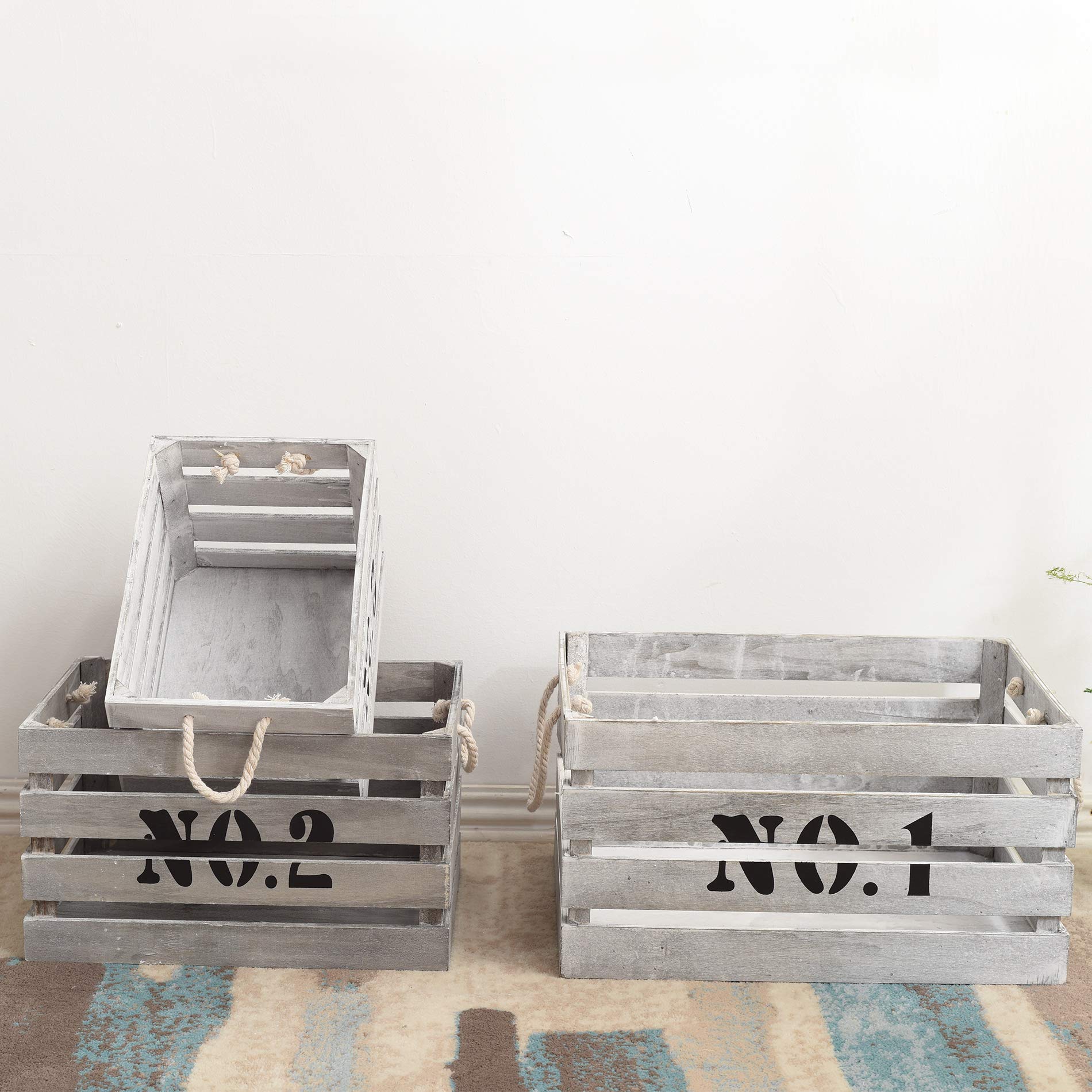 Rebecca Mobili Juego 3 Cajas estilo industrial, cestas contenedores madera, blanco, dormitorio salón garaje - Medidas: 22 x 41 x 30 cm (AxANxF) - Art. RE4292