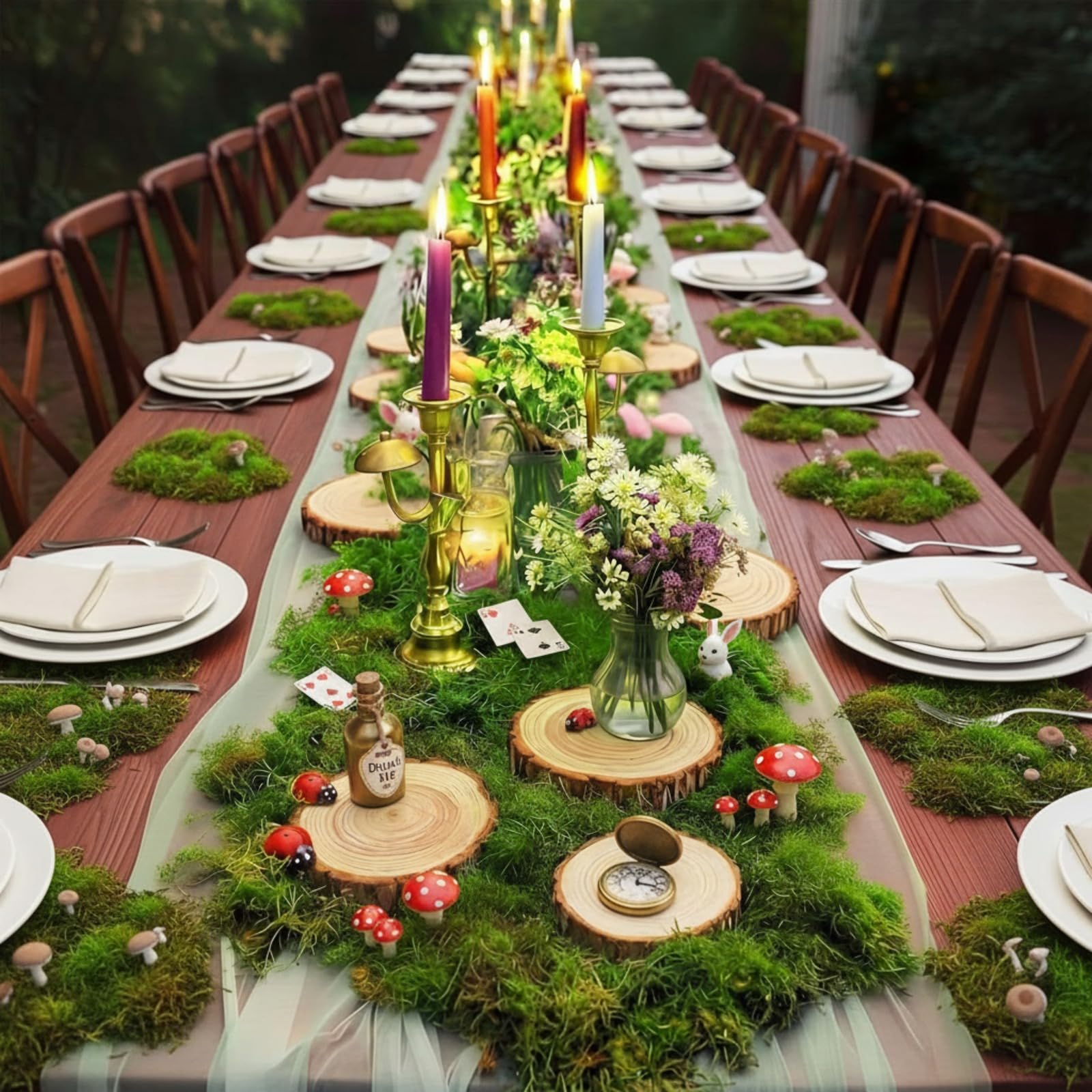 Photo 1 of Rivvlive 8 Pack Wonderland Tea Party Decoration Include 47 Inch Artificial Moss Table Runner and Rustic Wood Slices Centerpieces Enchanted Forest Decorations for Garden Birthday Party Wedding Decor