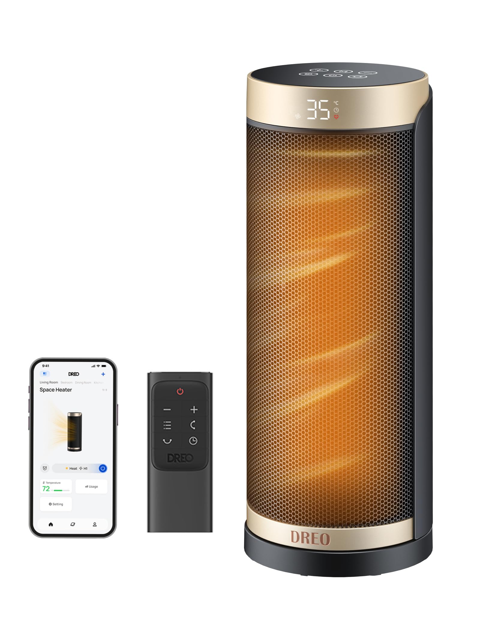Dreo Termoventilatore intelligente da 2000 W, per camera da letto, 16 pollici, con oscillazione di 70°, termostato e telecomando, 3 modalità, 3 velocità, timer da 12 ore, riscaldamento elettrico per
