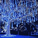 Meteor Shower Lights Outdoor Christmas Lights UL Certified Falling Rain Drop Snowfall Icicle Cascading String Light for Xmas Holiday Tree Wedding Party Garden Decor Blue, 12 Inch 8 Tubes