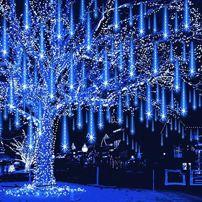 Meteor Shower Lights Outdoor Christmas Lights UL Certified Falling Rain Drop Snowfall Icicle Cascading String Light for Xmas Holiday Tree Wedding Party Garden Decor Blue, 12 Inch 8 Tubes