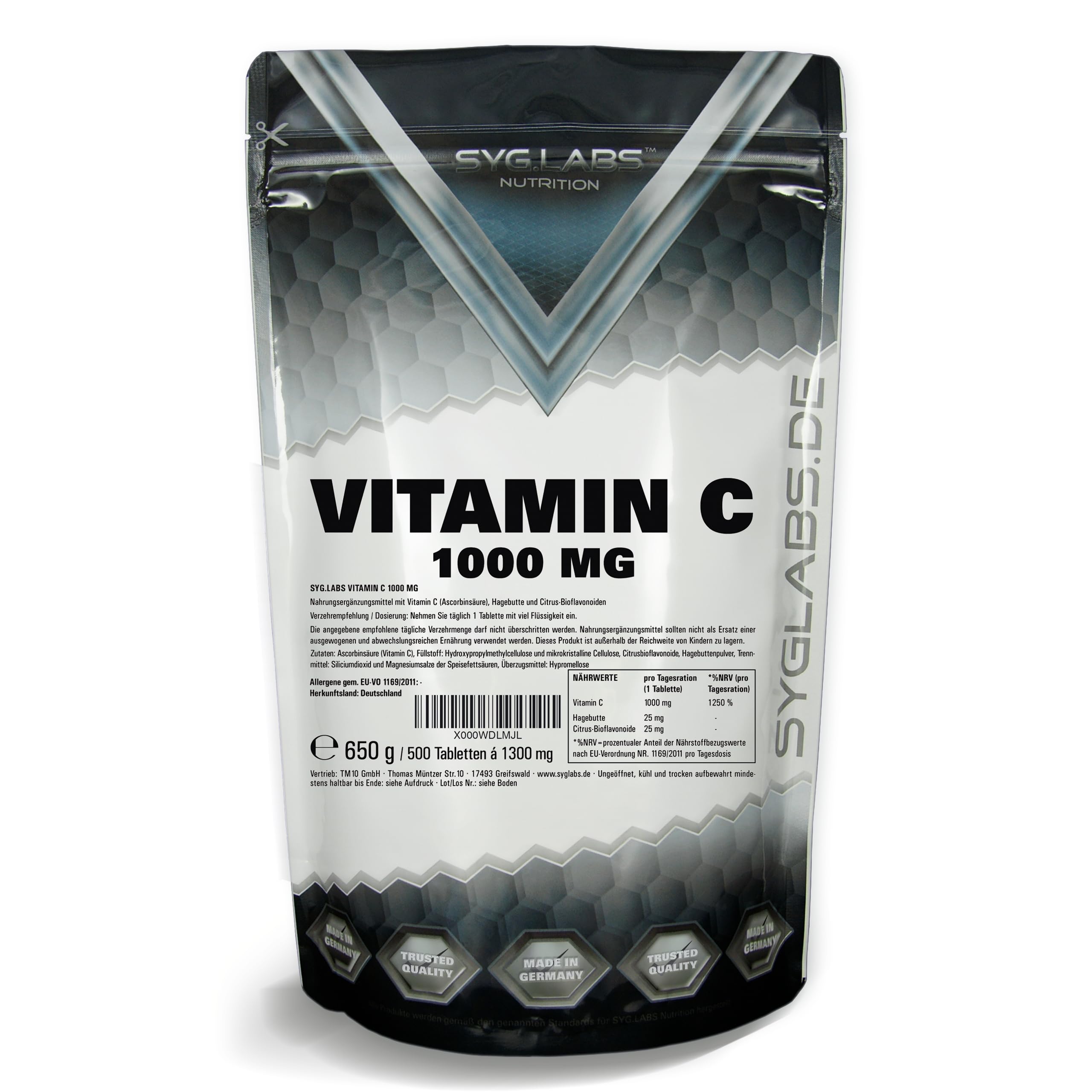 Vitamin C 1000mg 500 Tabletten mit Hagebutte und Bioflavonoiden - Time Released - hochdosiert - vegan - laborgeprüft