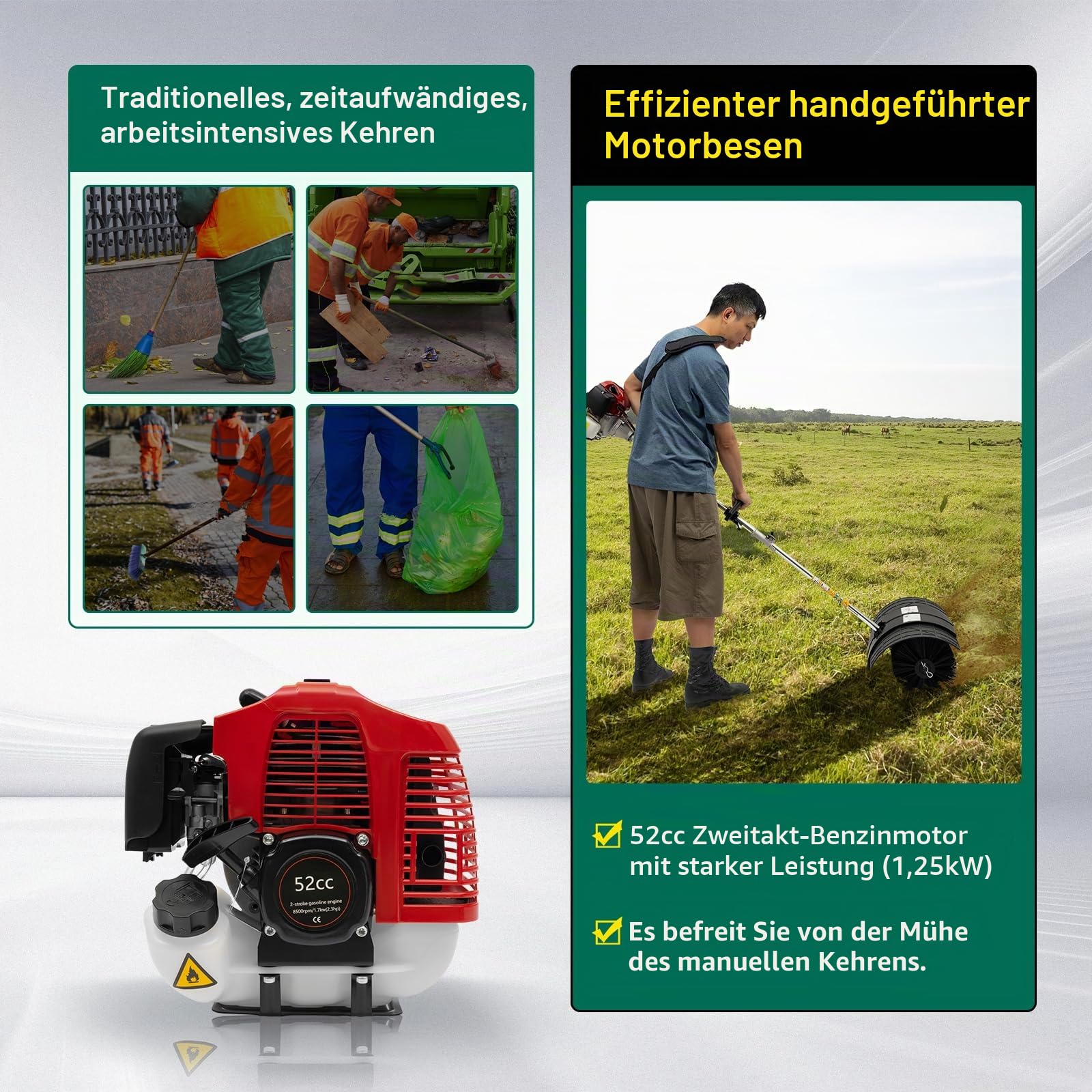 Kehrmaschine, 52cc Benzin Kehrmaschine mit Gas Motor, Reinigungsmaschine mit Nylon Bürstenkopf, Professionelle Leistung, 1,25kw, 6500-8500rpm