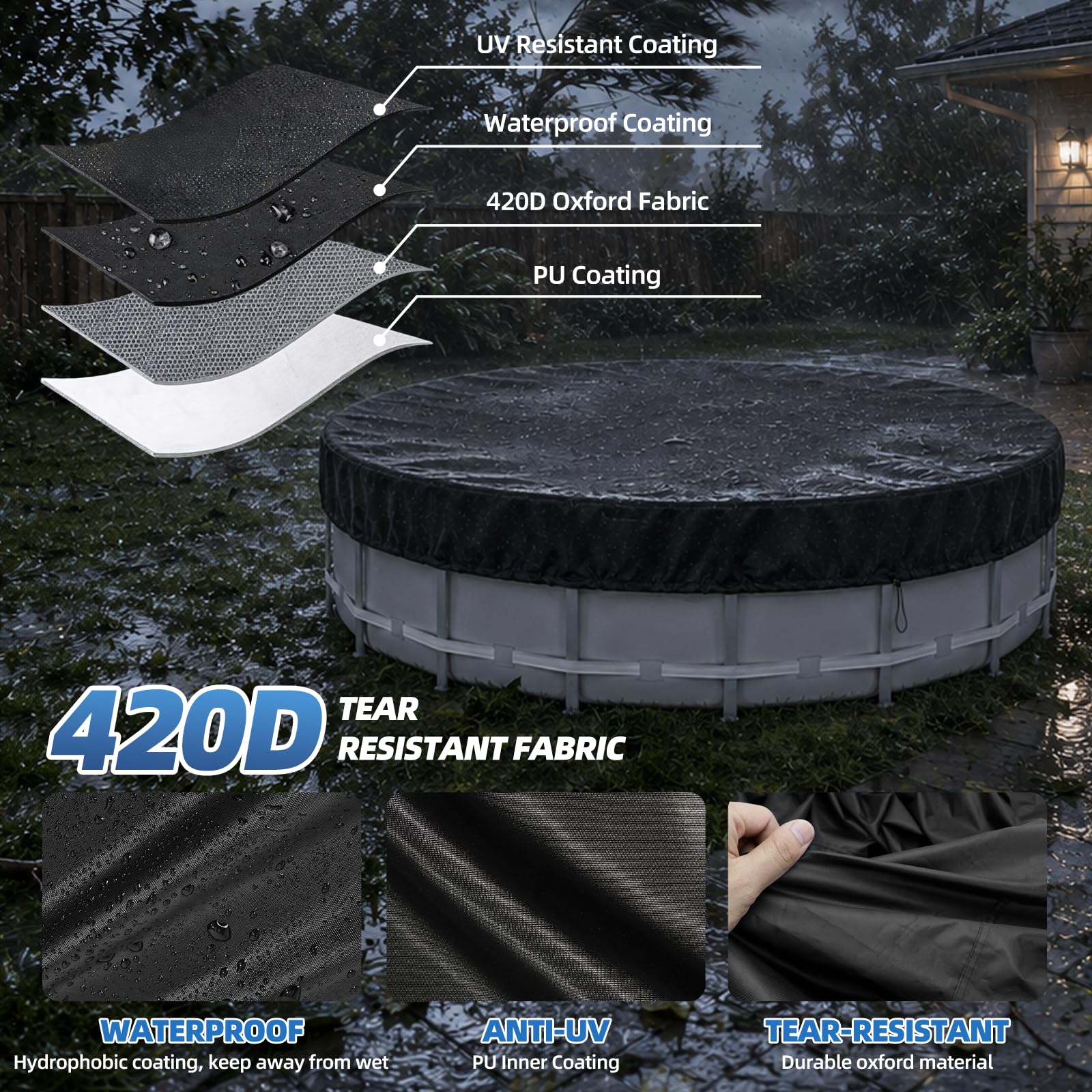 Bâche de piscine ronde Ø 366, 420D - Pour l'été et l'hiver - Pour piscine de 320 à 360 cm de diamètre - Étanche - Protection UV - Avec cordon de serrage et ancrages au sol - Pour piscines