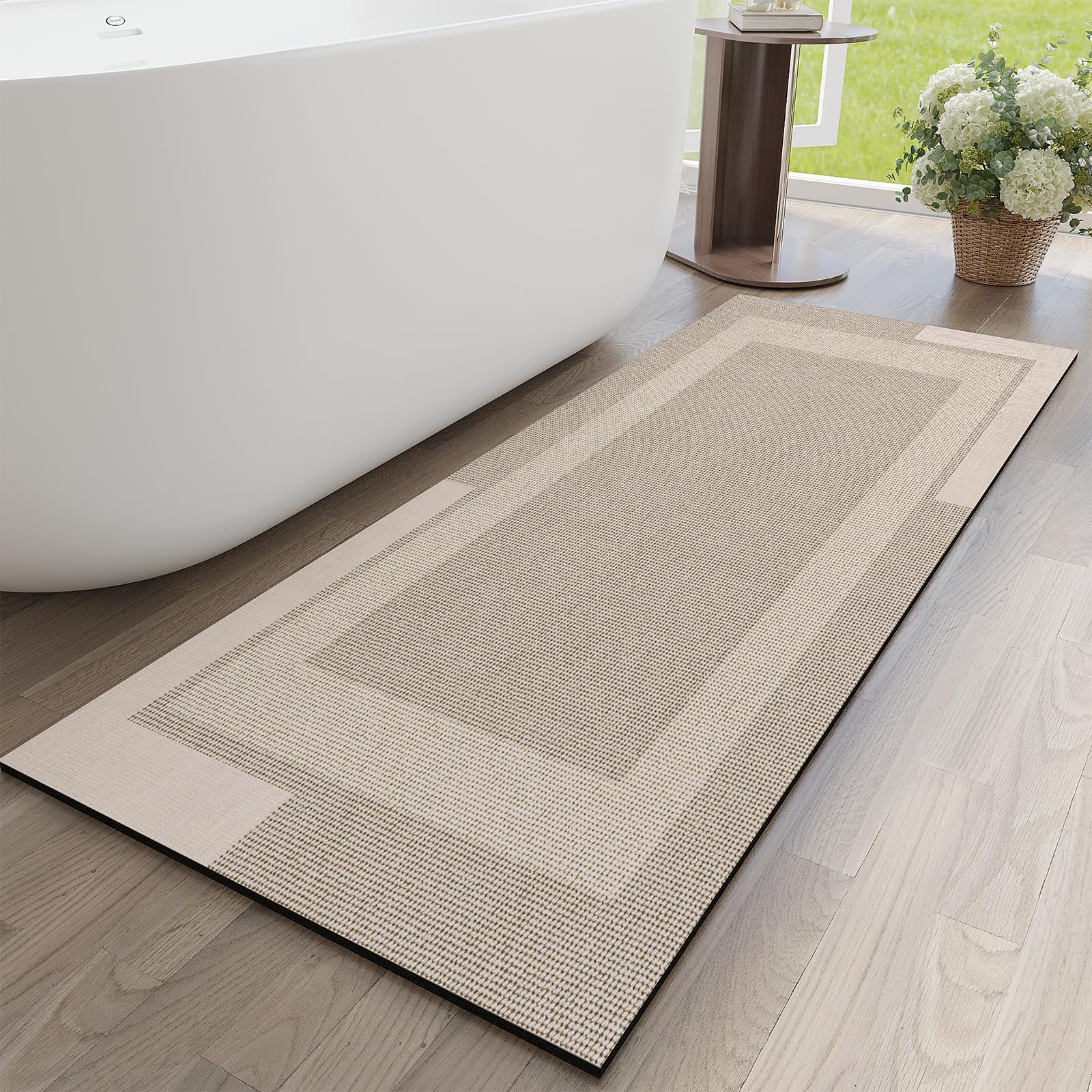 Quqei Non Slip Long Bathroom Runner Rug Bath Mat, Rubber Backing Ultra Thin Bathroom Rugs Fit Under Door Quick Dry Super Absorbent Washable Shower Mat for Bathtub Sink Floor, Beige 43x150 CM