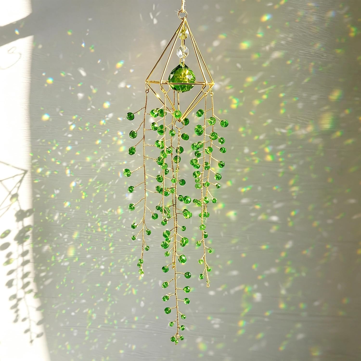 H&D HYALINE & DORA Crystal Suncatcher Glass Wind Chimes Sun Catchers Rainbow Plant Suncatcher for Window Hanging Home Garden Decor (15.4inch,Green)