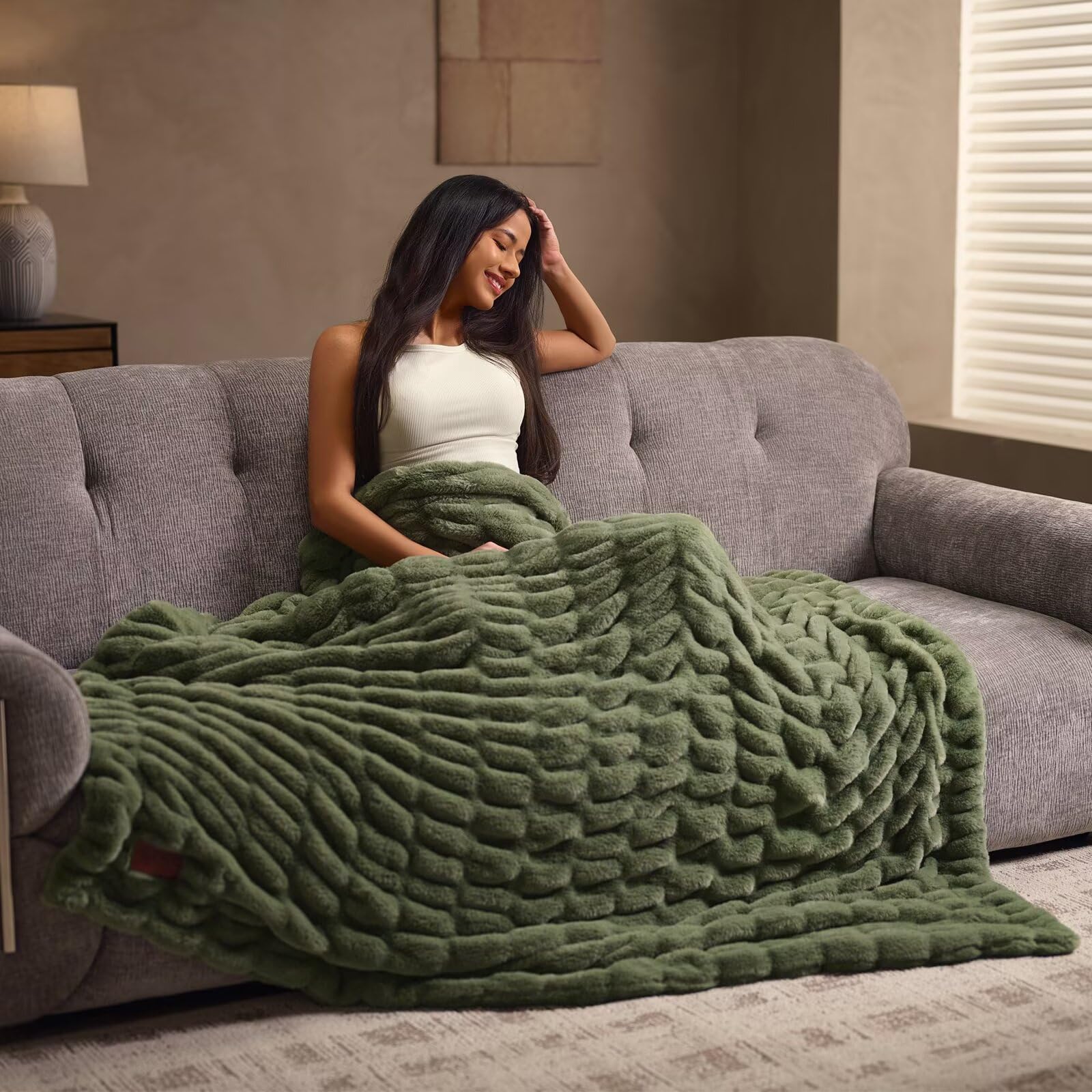 Photo 1 of HKMR Faux Fur Throw Blanket, Sage Green, 50x60 inch