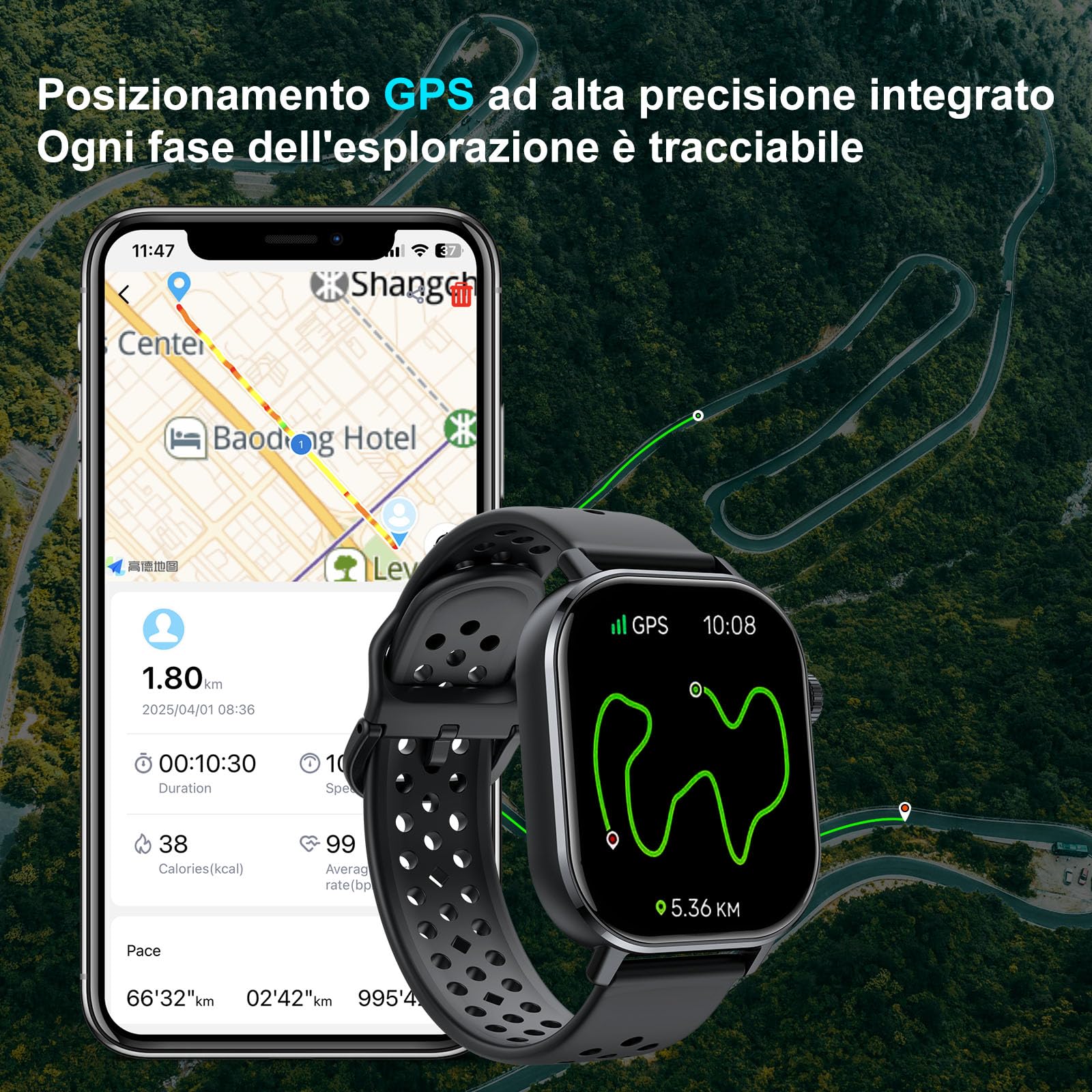 Jugeman Orologio Smartwatch GPS Uomo Donna, 2.06" AMOLED 5ATM Smartwatch con Chiamate, 110+Modalità Smart Watch con Contapassi/Sonno/Cardiofrequenzimetro, Sportivo Fitness Tracker per iOS Androd Nero
