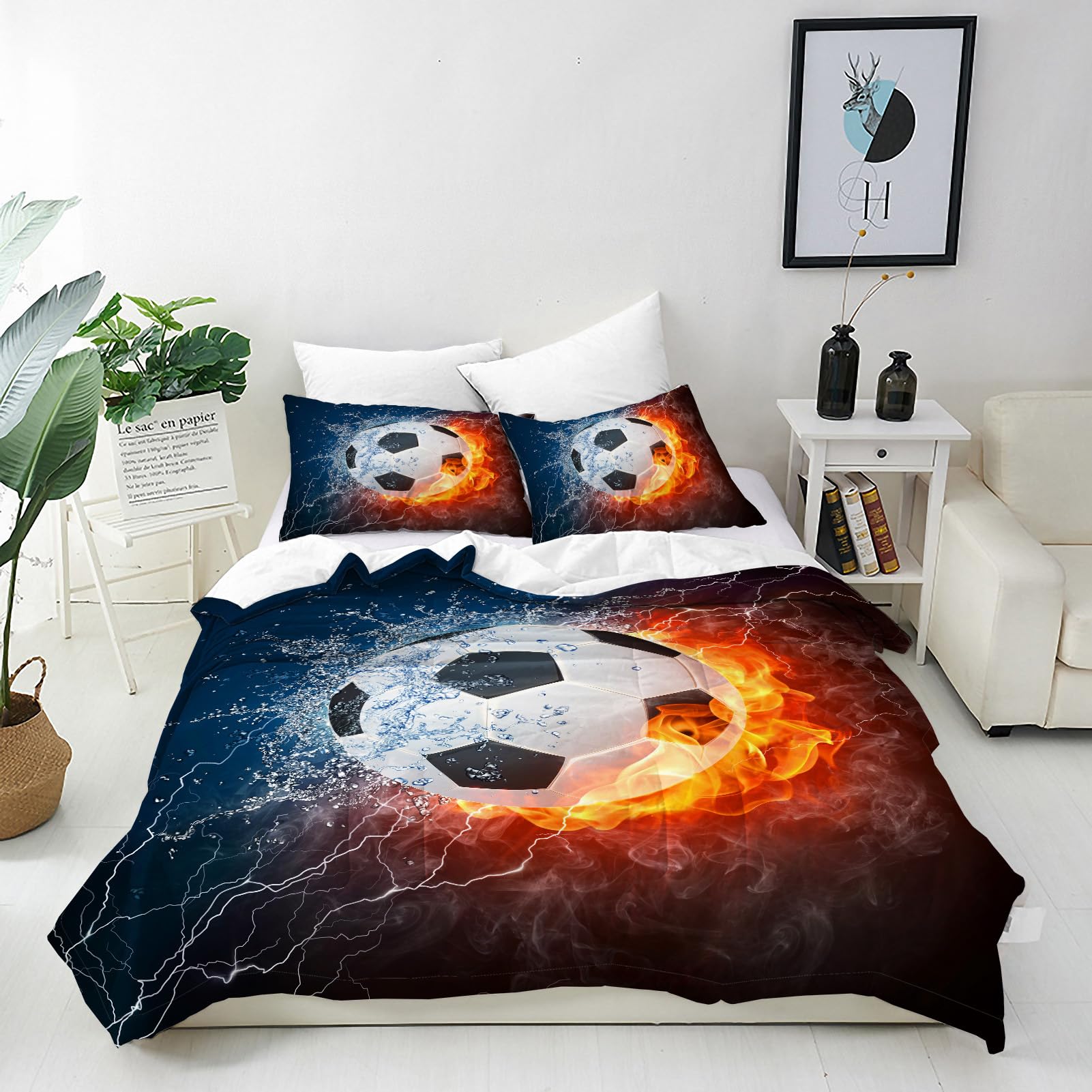 ANHOPE 2 Piece Duvet Cover 135 x 200 cm + Pillowcase 80 x 80 cm Kids Boys Girls Bedding Set with Sports Theme Football Soccer Print Pattern Quilt Cover with Zipper Closure โ image 1