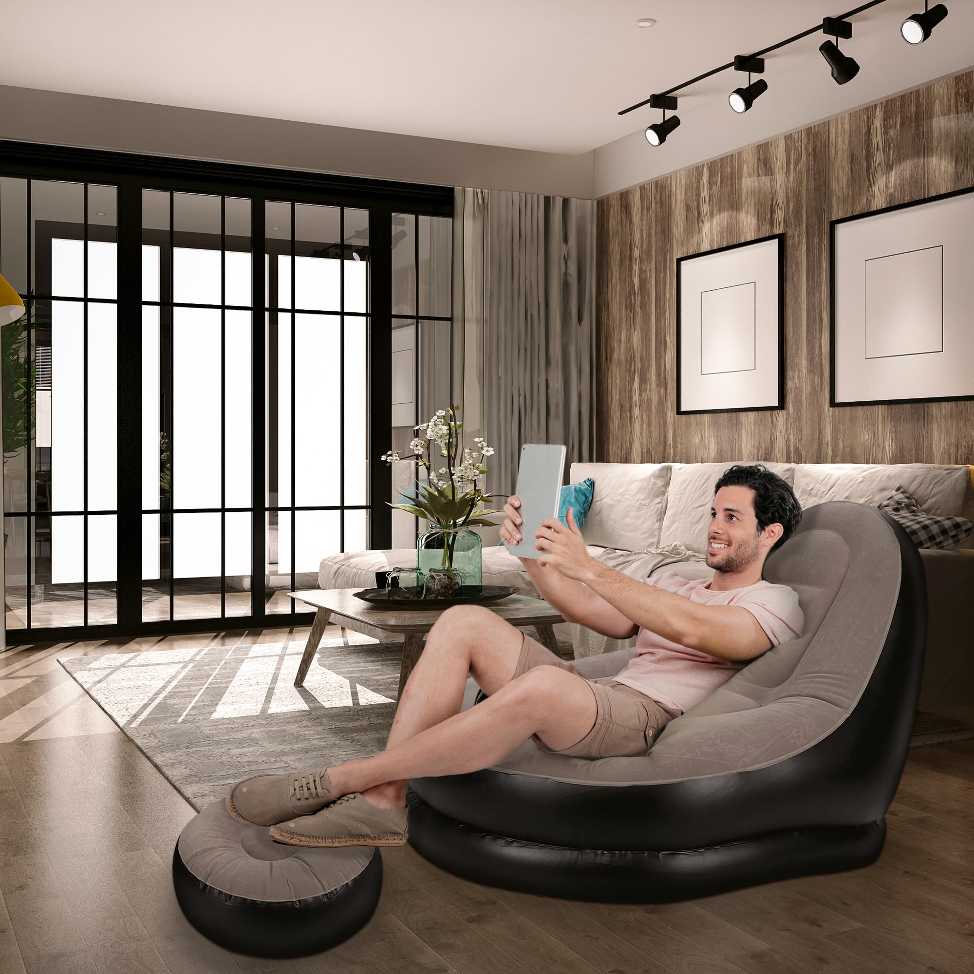 JUPPLIES Sofa Hinchable Aterciopelado para Interiores y Exteriores - Sillon Hinchable Estilo Puff con Superficie Suave y Amplio Asiento (Sofa)