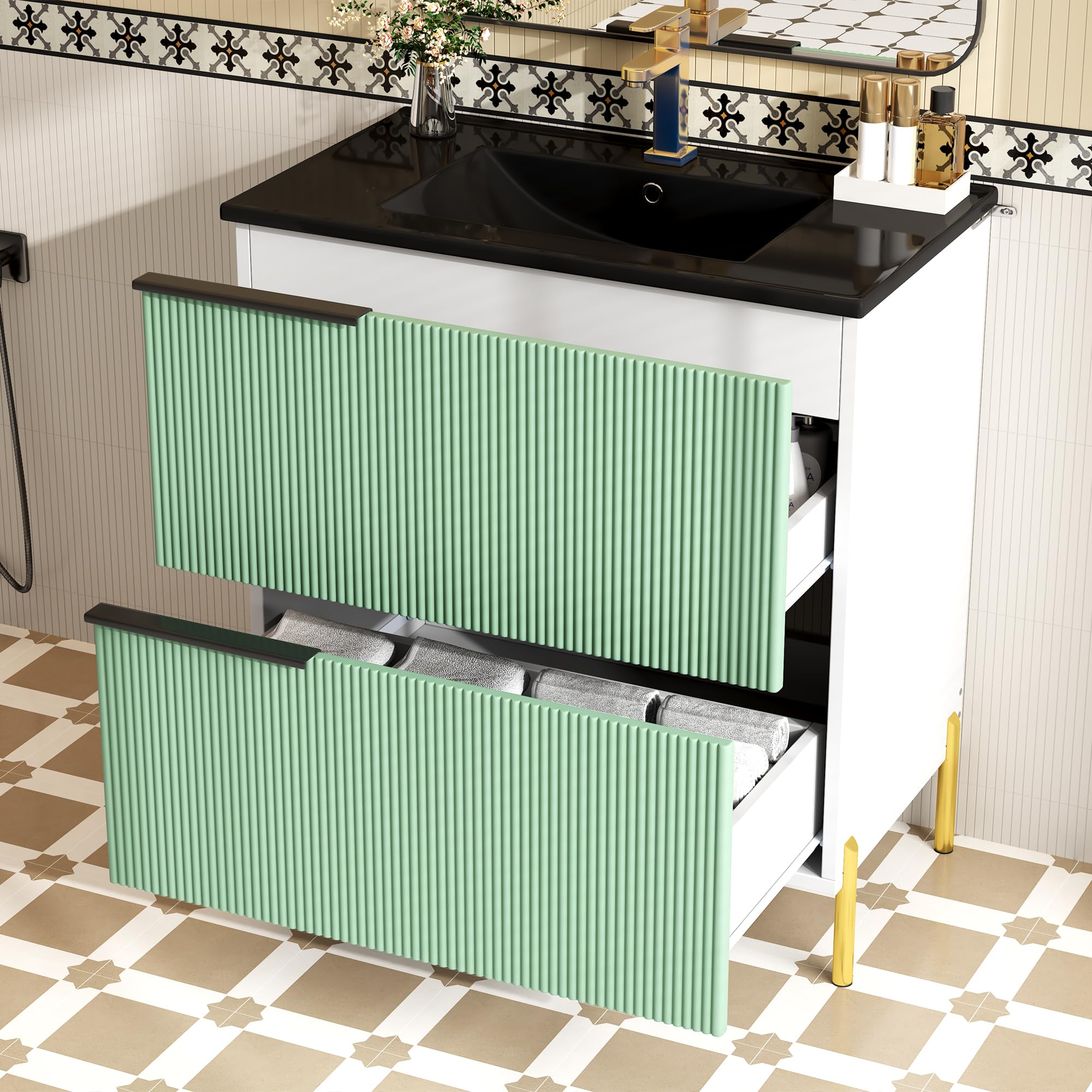 Lcoho Mobile lavabo da bagno con lavabo in ceramica, lavabo singolo con cassetti in MDF, organizer da bagno con vasca, verde