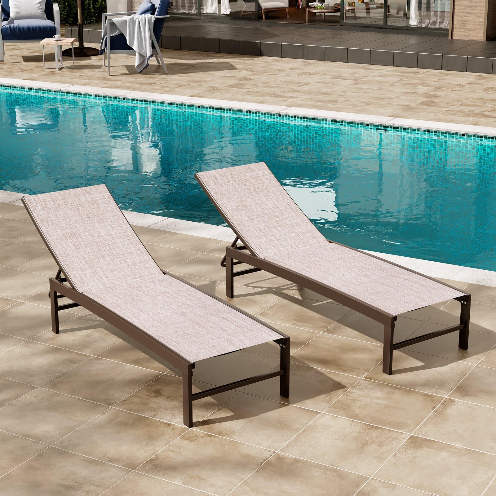 Crestlive Products Lounge Chair Outdoor Set of 2, Aluminum Pool Chaise Lounge Chairs, Adjustable Five-Position Tanning Recliner, All Weather for Patio, Beach, Yard, Pool (Beige)