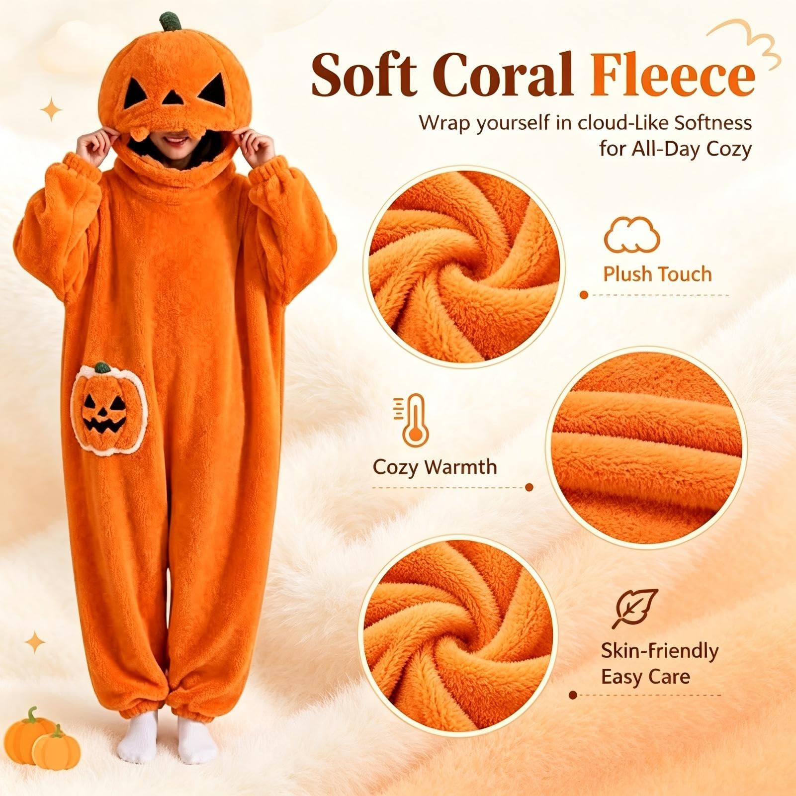 Generico Pigiama Intero Zucca Halloween in Peluche con Cappuccio Oversize | Goditi il ​​massimo comfort e uno stile festoso con questa tutina in peluche a forma di zucca, perfetta per Halloween