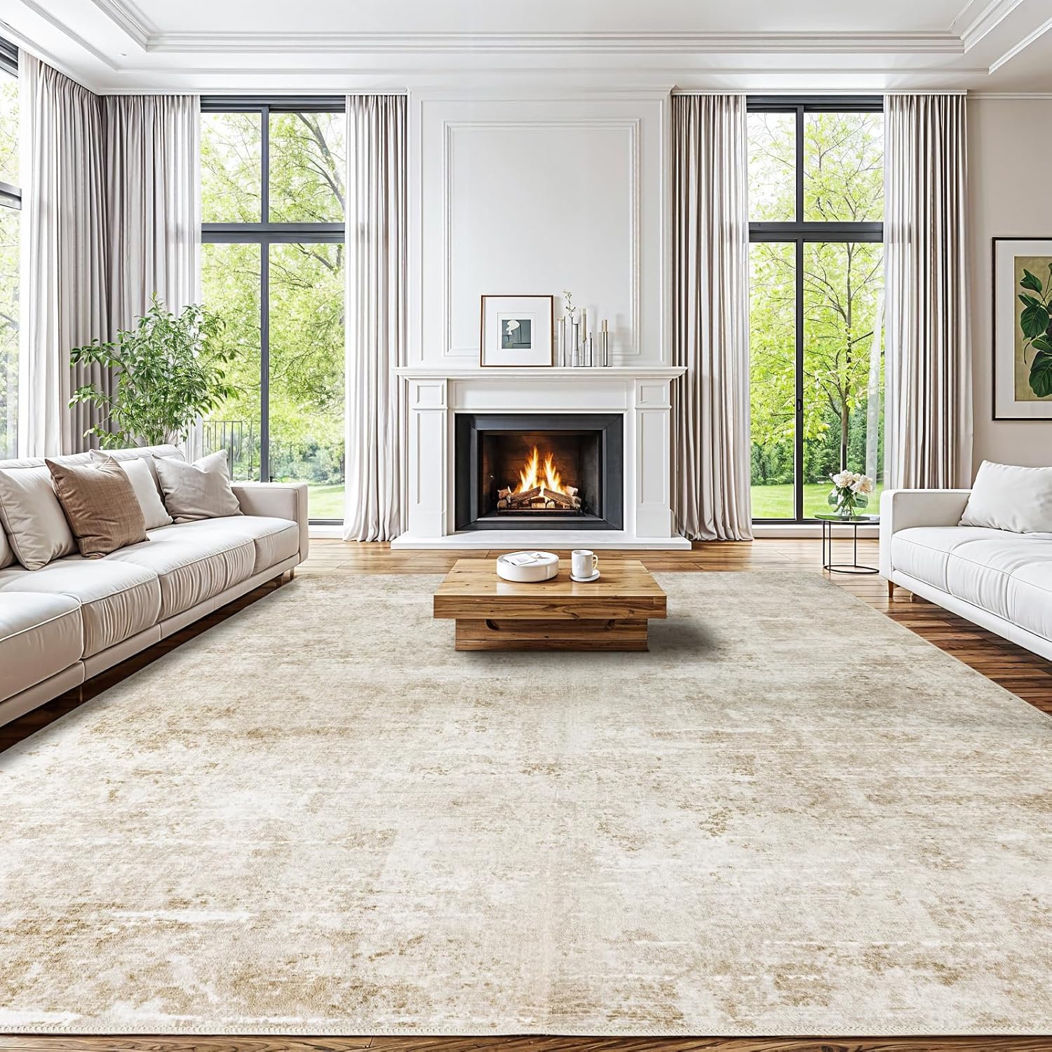 Shilucheng 8x10 Rug for Living Room Neutral Machine Washable Large Non-Slip Backing Abstract Rugs, Soft Low Pile Area Rug for Bedroom Under Bed,Dining Room Clearance, Big Carpet (Beige/Yellow)