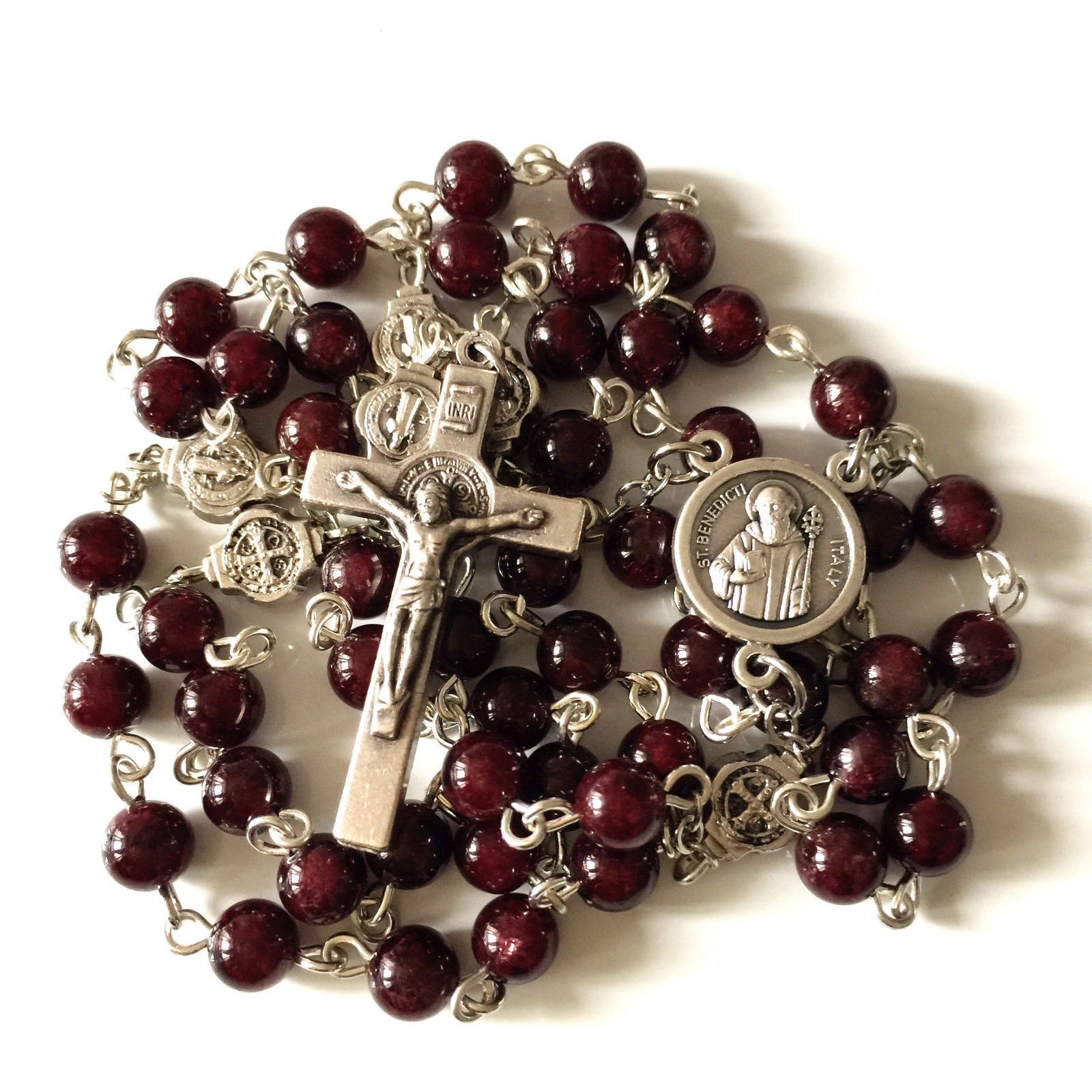 elegantmedical HANDMADE Catholic St. Benedict GARNET GEMSTONE Bead 5 DECADE Rosary Necklace Cross BOX product thumbnail 4