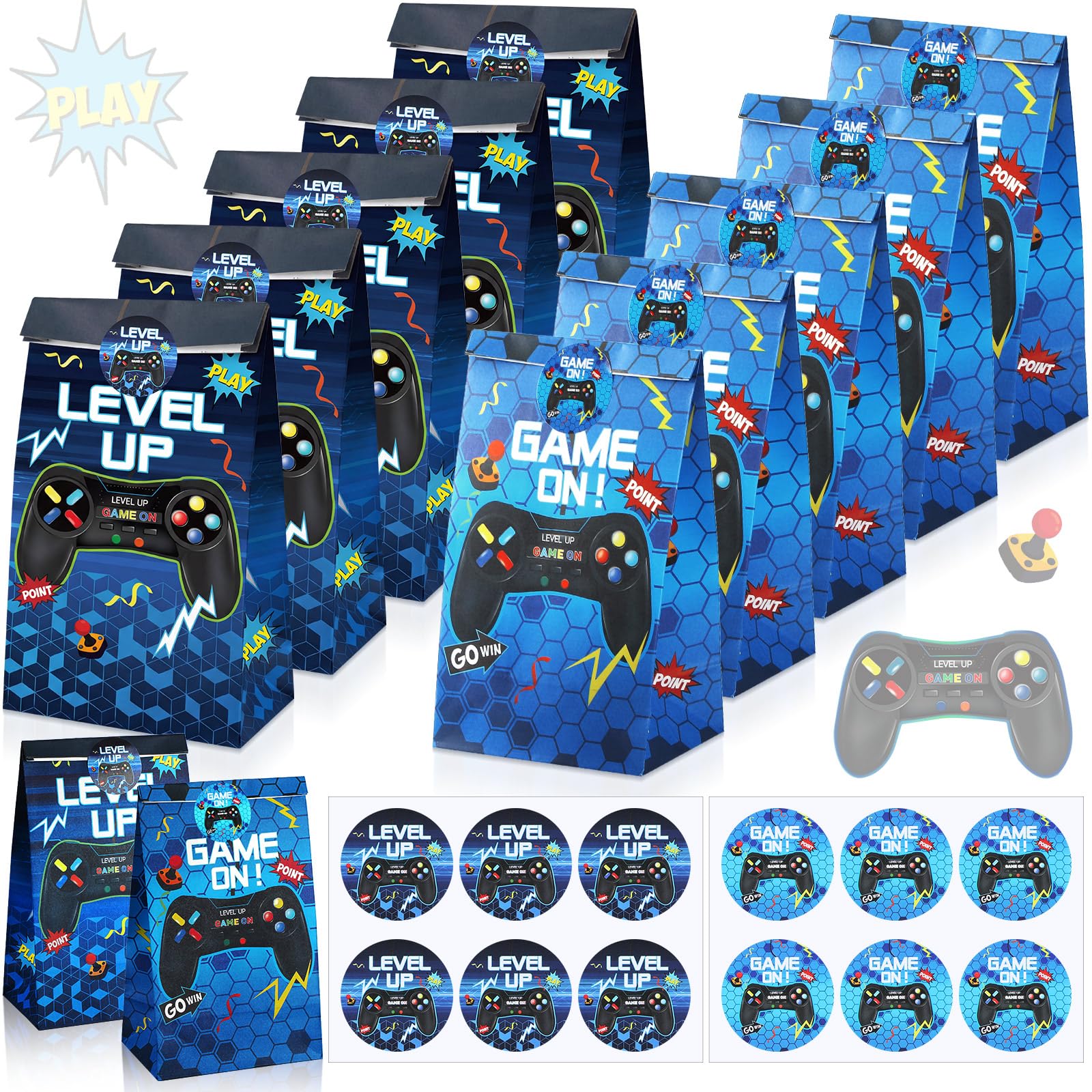 Geosar 30 Pack Video Game Party Favor Paper Bags Game on Goodie Candy Gift Bags with 30 Stickers Level up Reusable Goodie Treat Snacks Supplies for