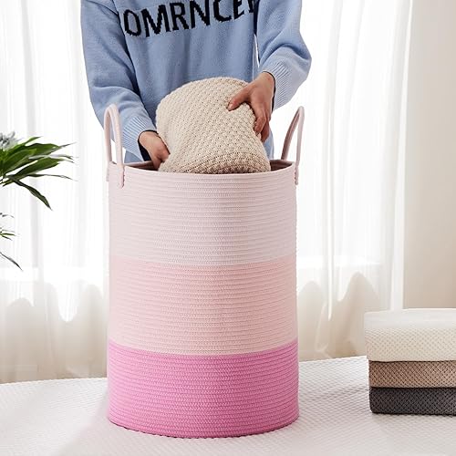 Miniatura 6 de AIMDFWER Cesta de ropa sucia de cuerda tejida, cesta de almacenamiento de algodón de 58 litros de altura para manta, cesta grande de ropa sucia