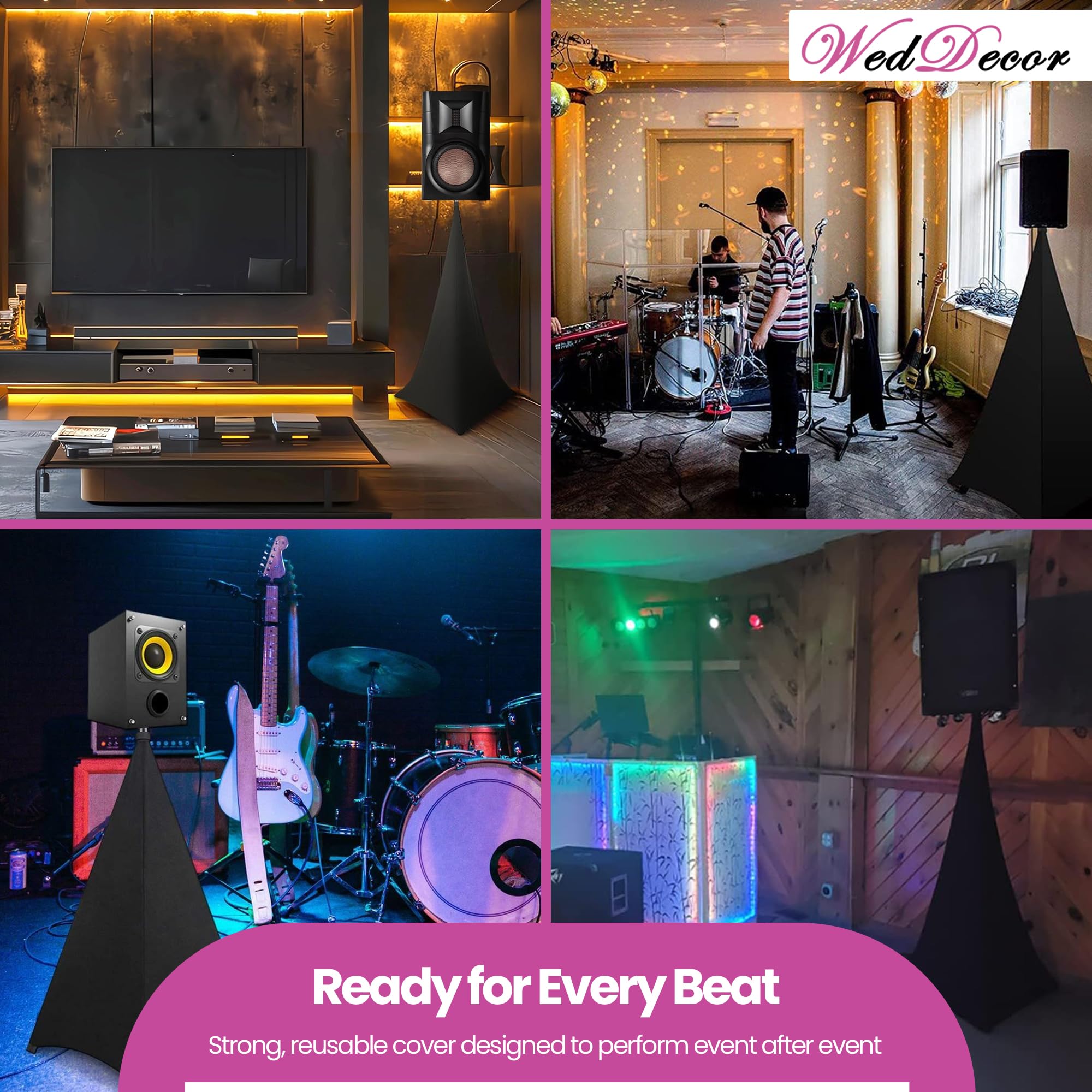 WedDecor Cubierta de soporte para altavoz de DJ con trípode elástico de una sola cara para bodas, banquetes, cumpleaños, recepción, fiestas, eventos especiales, lavable, 10 unidades