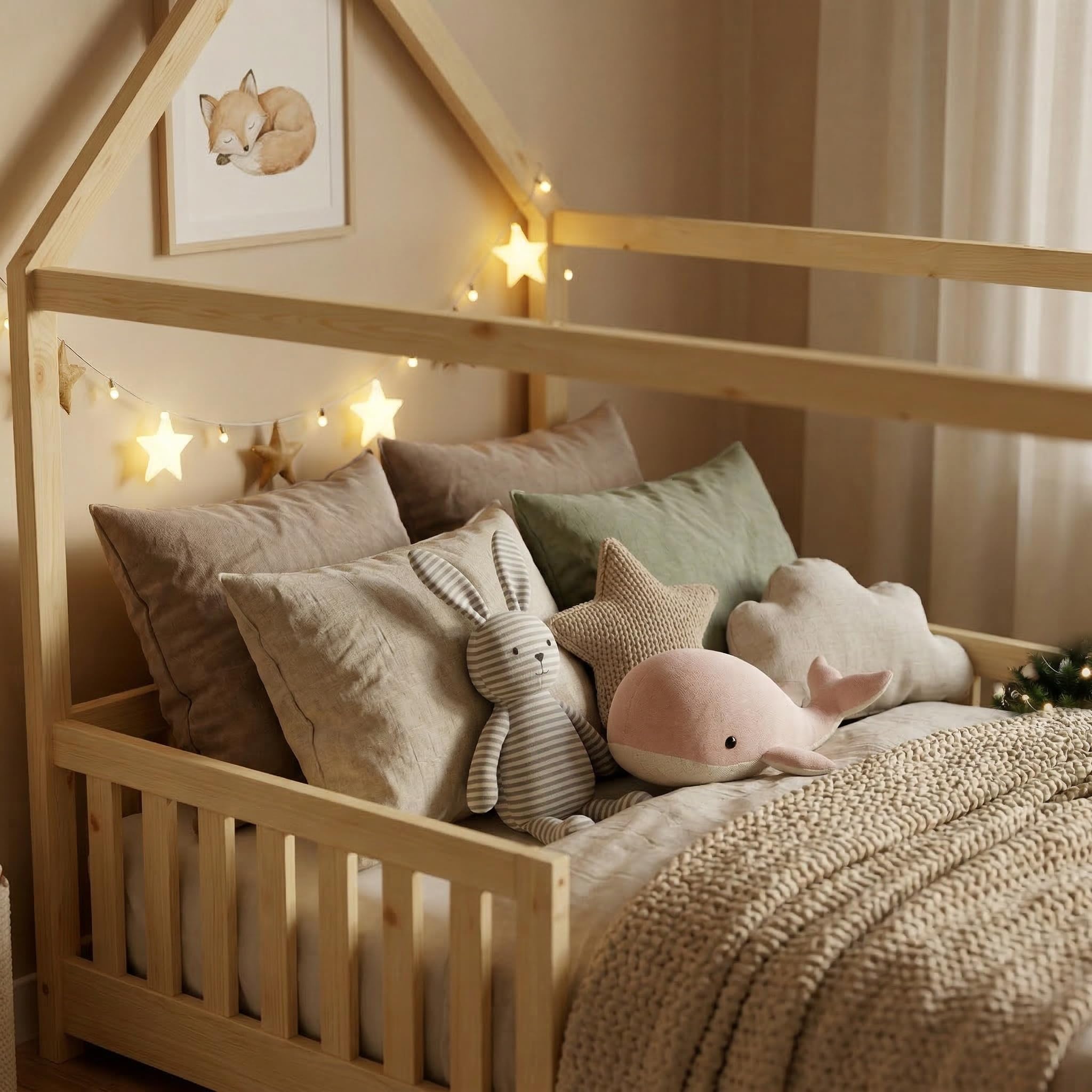 ecomi® Cama Infantil con Protección Anticaídas y Somier, Cama de Casa - Cuna 90x200 /80x160 cm en Blanco/Natural para Niños (Natural, 90x200)