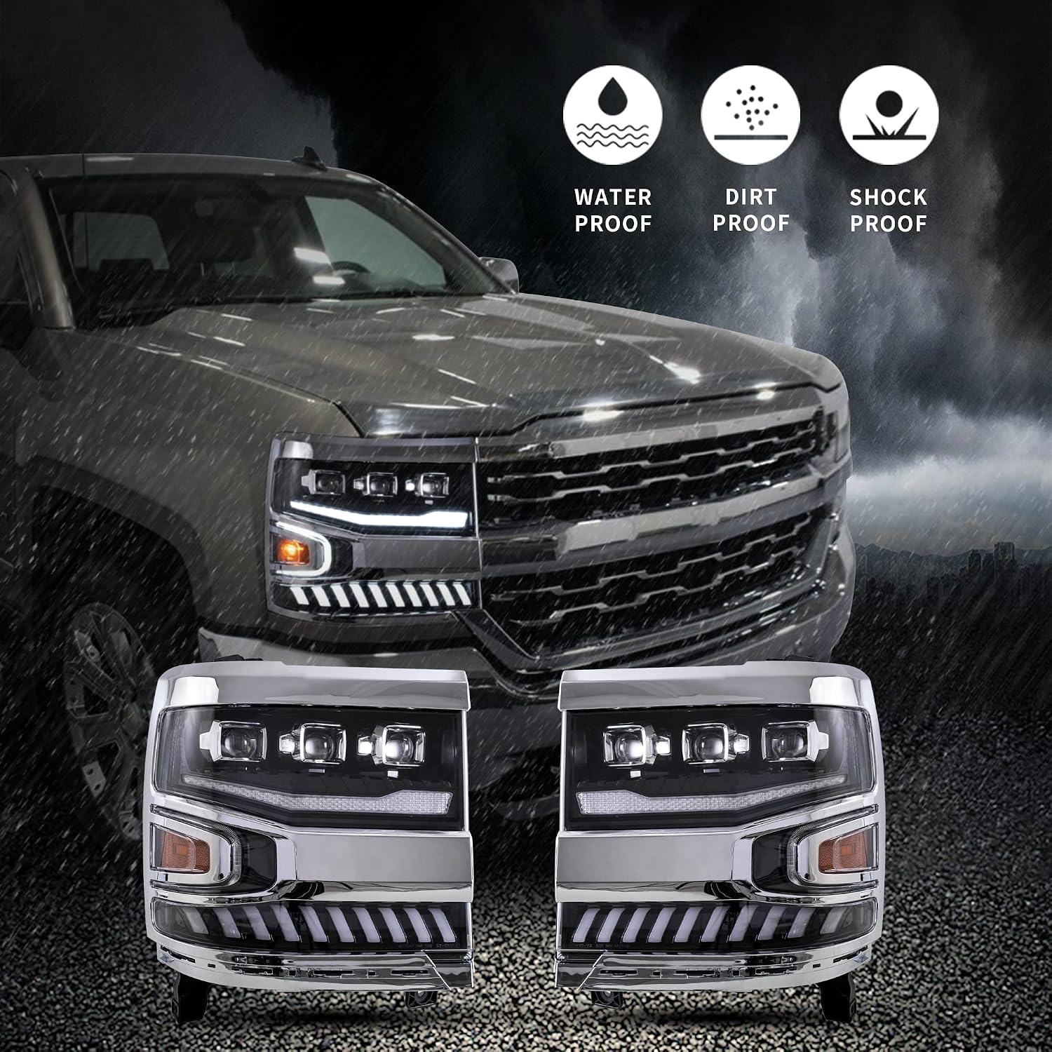 VLAND LED Projector Headlights For 2016-2018 Chevrolet Chevy Silverado 1500, With Breath & Dynamic Startup Animation, Sequential Turn Signal, Amber Reflector, Not for 2500, 3500