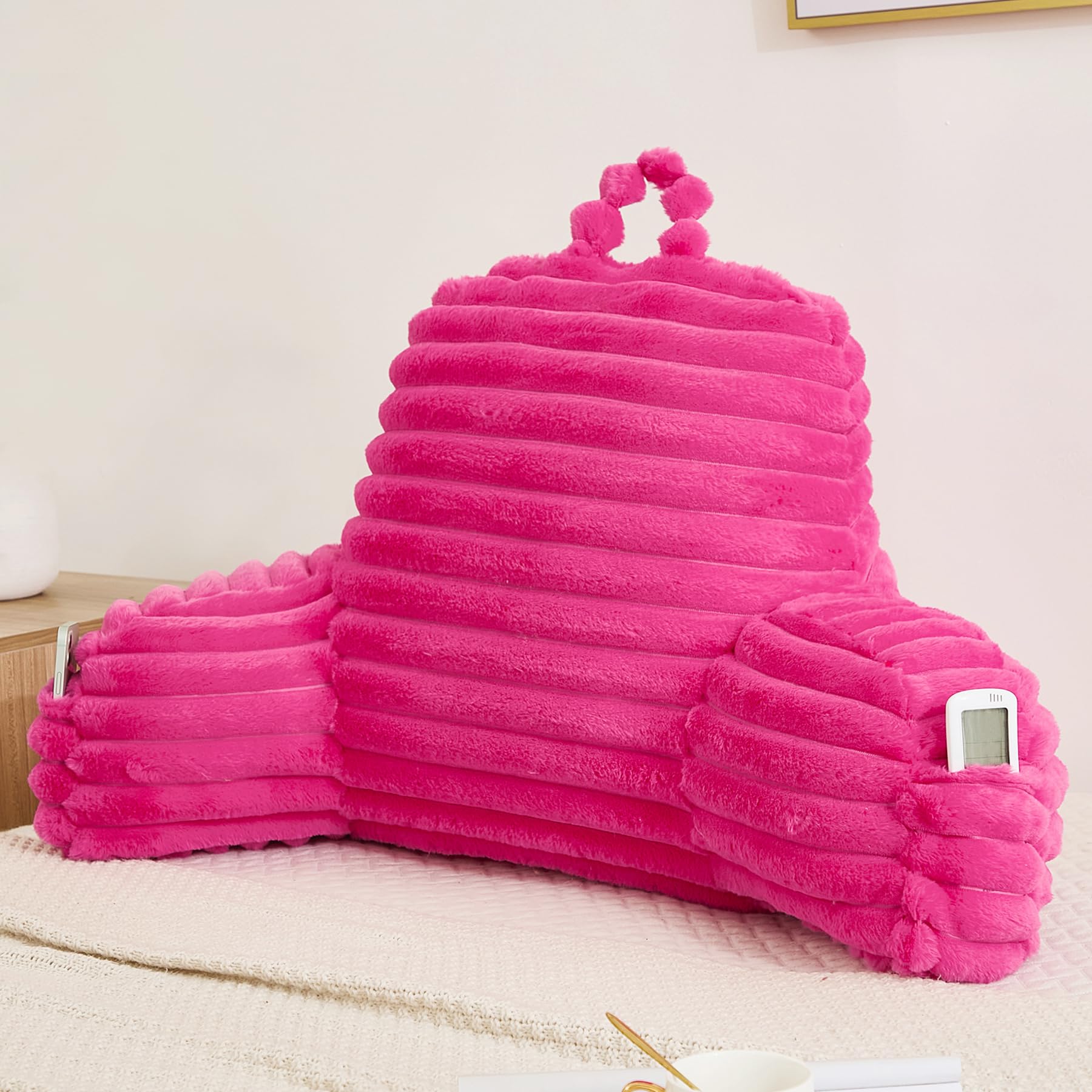 Memfydu Faux Fur Fluffy Hot Pink Reading Pillow with Pockets, Luxury Striped Plush Decorative, Arm Rests and Back Support for Bed Rest, Lounging on Sofa, Extra Large Size for Adult.
