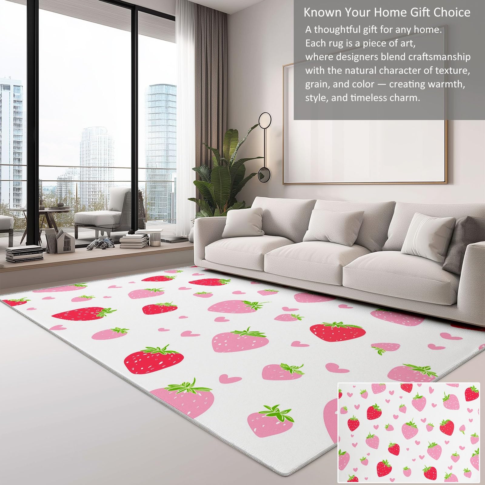 Dywan dziecięcy dla dziewczynek, dzieci, 80 x 150 cm, flanela, można prać w pralce, antypoślizgowy, hipoalergiczny, urocza truskawka, owoce, styl, pokój zabaw, przedszkole, sypialnia