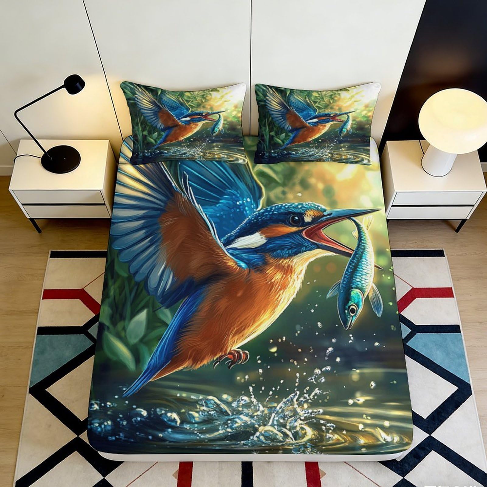 3D Printed Kingfisher Bird Fitted Sheet Microfiber Artistic Fish Scene Mattress Cover for Bedroom Guest Room Decor 140x200x25cm