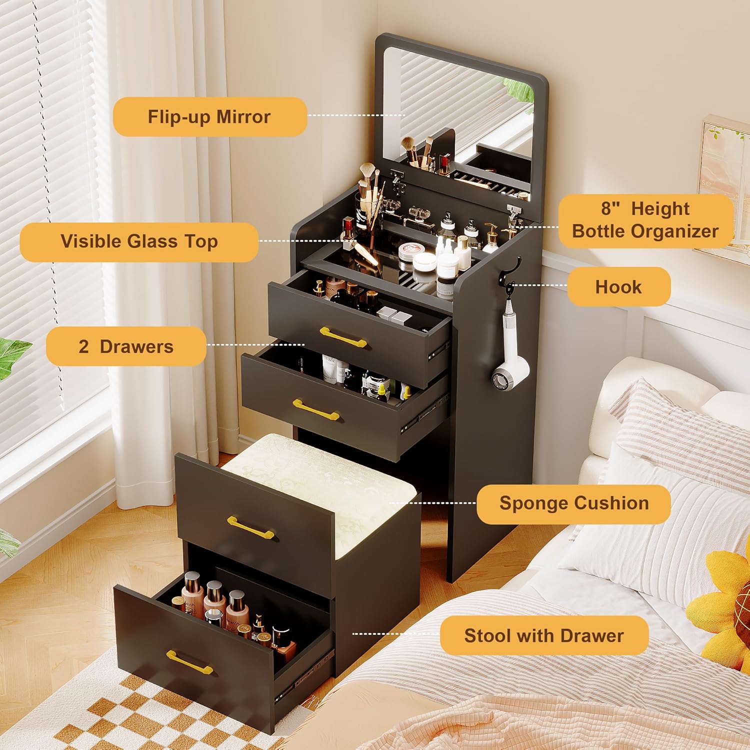3 in 1 Make Vanity Desk with Flip Top Mirror,Glass Top Makeup Vanity Table with Cushioned Stool,Small Dressing Table with 3 Drawers,Compact Vanity Set for Apartment,Dormitory(Black)