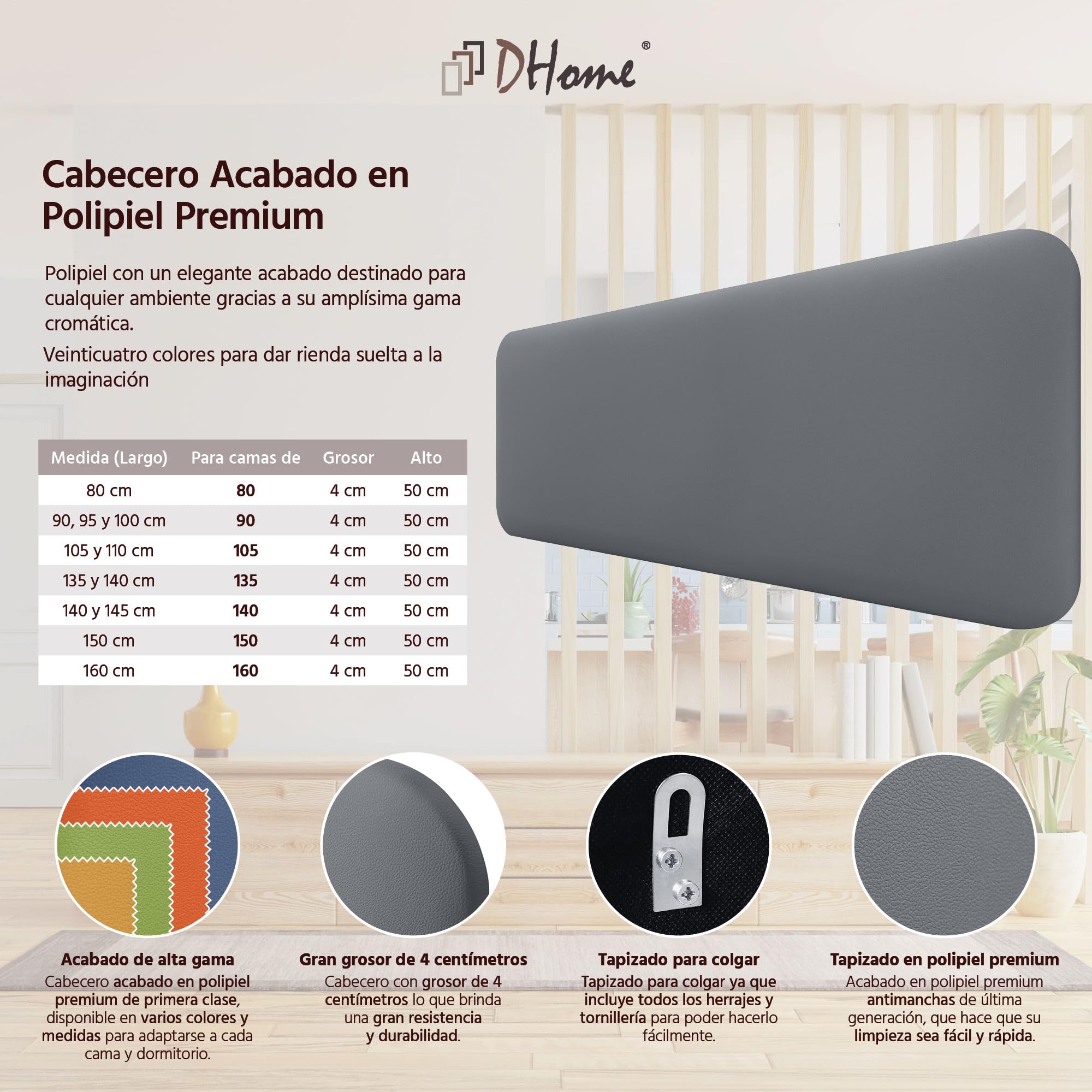 DHOME Cabecero Tapizado Liso Redondeado Polipiel para Pared Acústicos Cabeceros Absorbentes Cabezal Cama Dormitorio (Gris, 150cm)