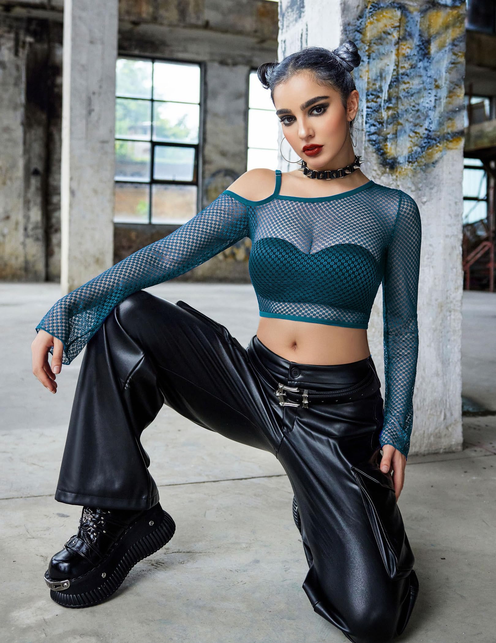Avidlove Mesh Crop Tops for Women Long Sleeve Fishnet Shirt See Through Tops Rave Outfits Party Clubwear: Blue Green XX-Large