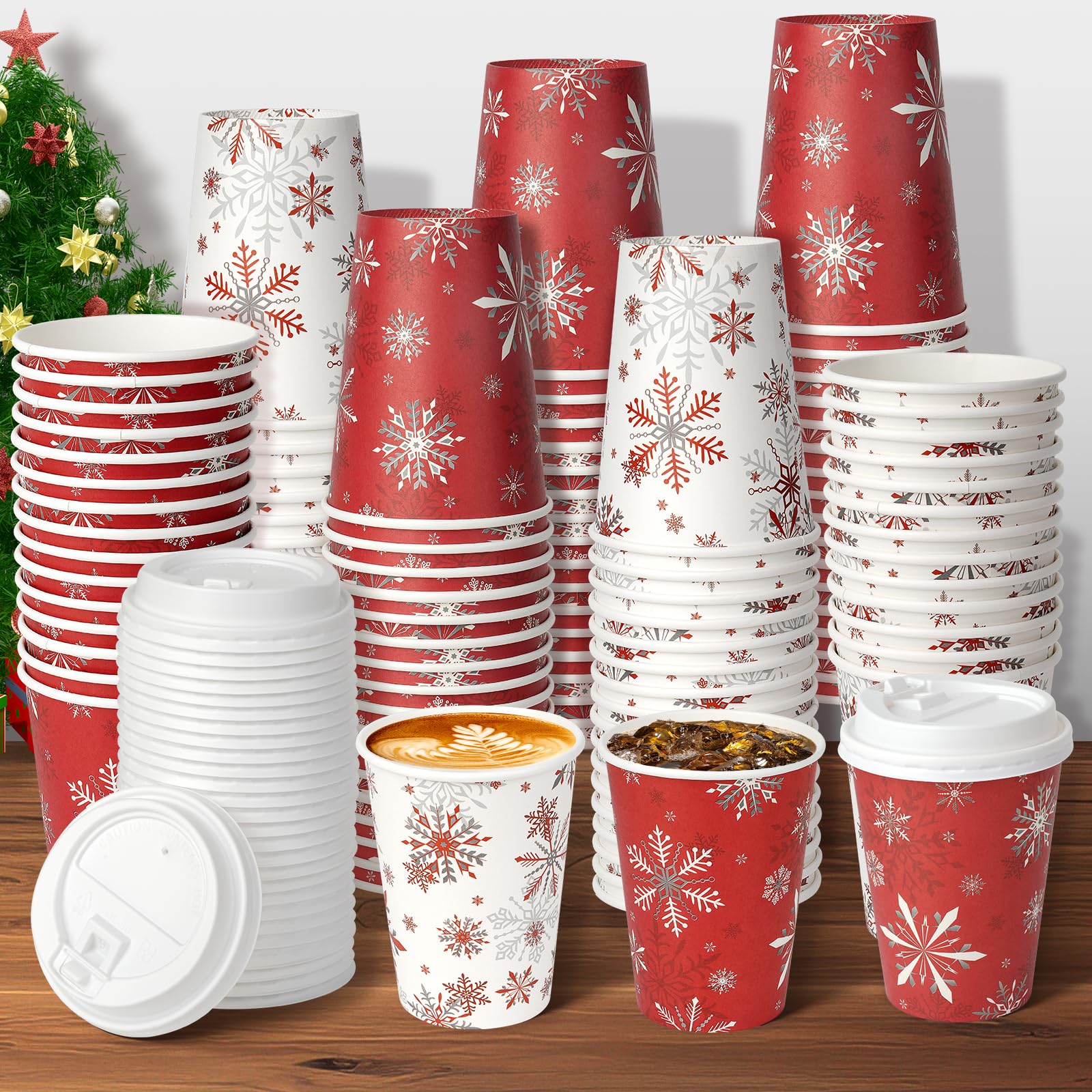 100Set Christmas Paper Cups with Lids 12oz, Bulk Disposable Winter Red Snowflake Cups Coffee Cups, Holiday Paper Cups for Hot Chocolate Cold Drinks Christmas New Year Winter Party Supplies Decorations