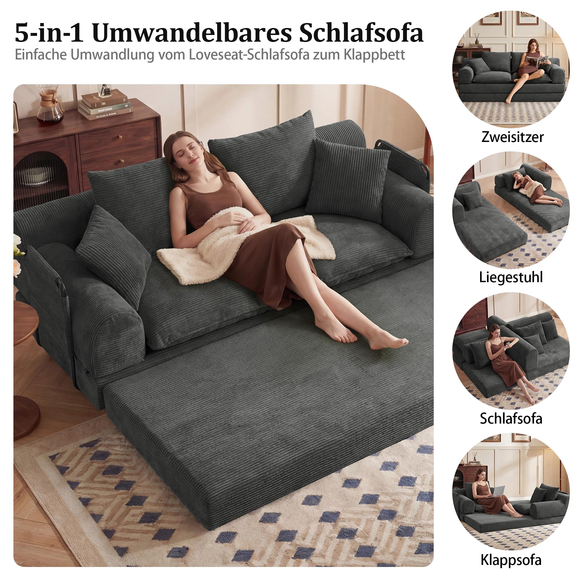 Vipbear 201x90x73cm Convertible Schlafsofa Bett, 5-in-1 klappbare Futon Couch mit Aufbewahrungstaschen, 3 Sitzer Corduroy Boden Couch Loveseat mit Ausziehbett für Wohnzimmer, Schlafzimmer, Grau