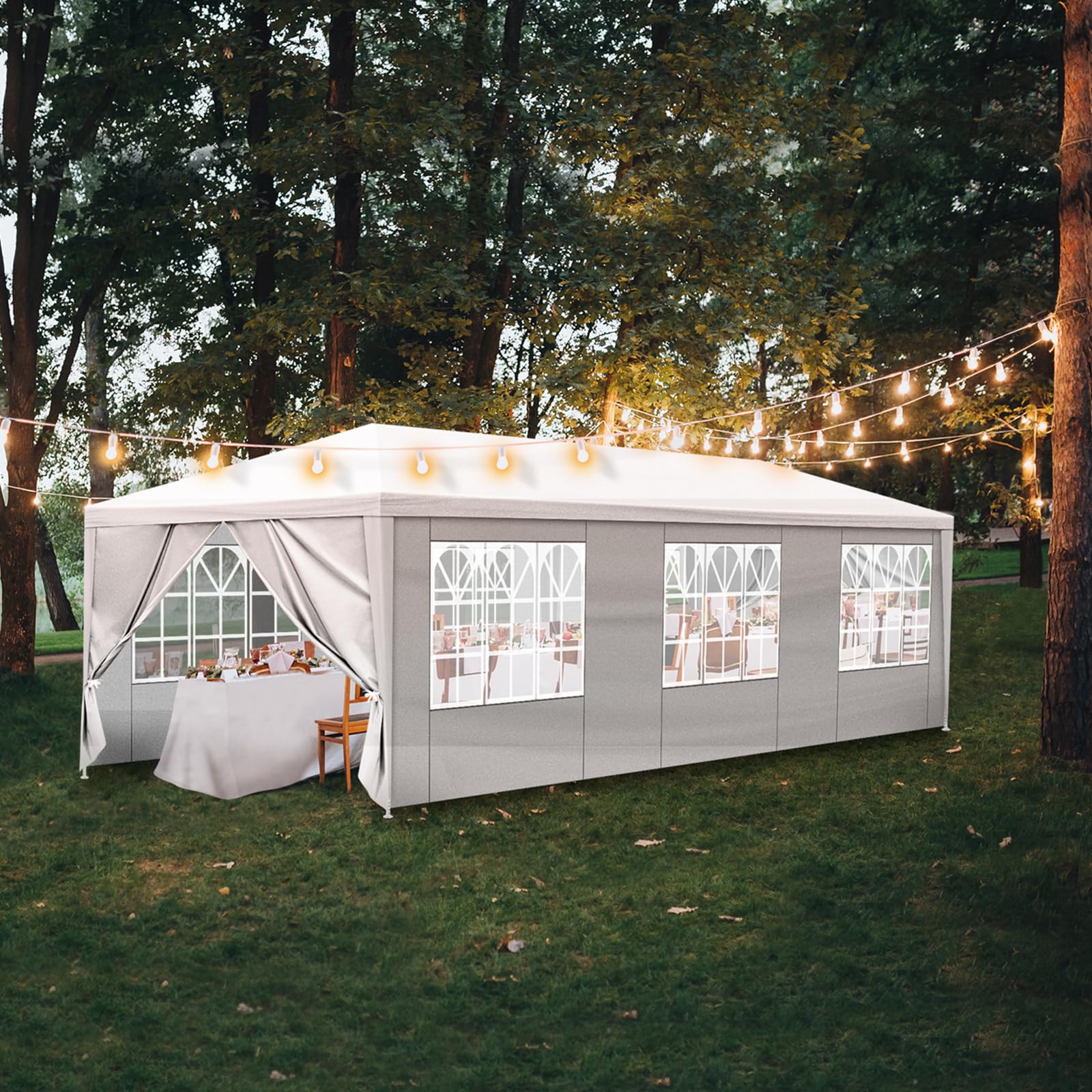 Bonnlo Tonnelle de Jardin 3x9m avec 8 Parois Latérales imperméable avec 6 fenêtres Tente de Réception en Toile PE Tubes Spiralés en Fer Barnum Blanc pour Camping Mariage Parking Fête