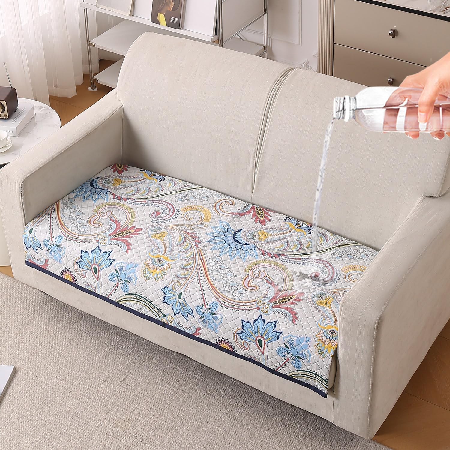 Beige Peony Sofa Cover - L Shape 5 Seater -28