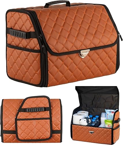 Miniatura 10 de Organizador de maletero de cuero con tapa para SUV y más, organizador de coche plegable, organizadores de coche y almacenamiento con bolsillos