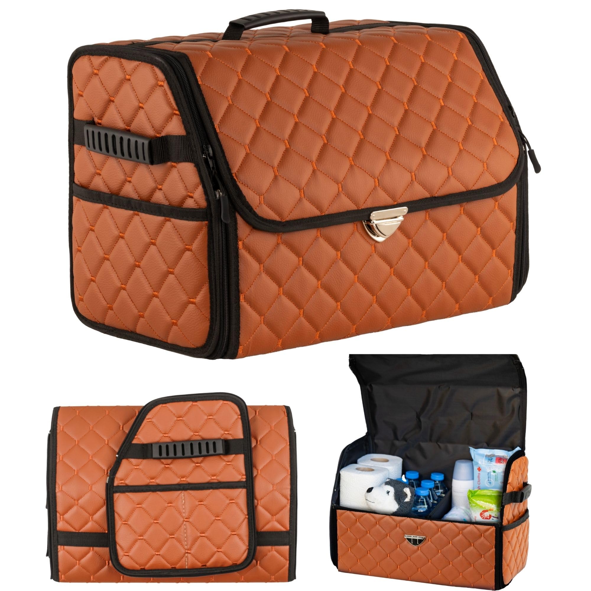 Kofferraum-Organizer aus Leder mit Deckel, faltbarer Auto-Organizer, Trennwand und Kofferraumaufbewahrung mit Taschen, Kofferraum-Organizer, rutschfestes Design (Braun-Schwarz)