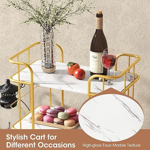 Miniatura 5 de Giantex Carrito de barra dorado, carrito de servicio de la isla de casa, estantes de almacenamiento de 3 niveles con barandilla, parte superior de