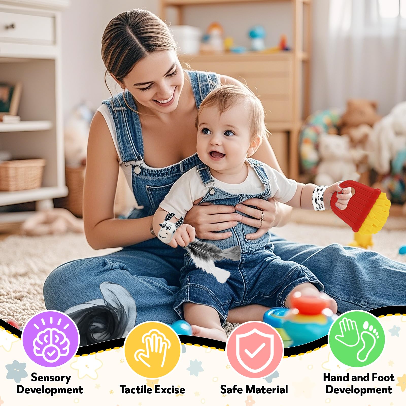 9 Pcs Baby Sensory Toy Set Sensory Foil Blanket Baby Wrist Rattles Rattle Socks Sensory Scarf Feathers for Babies Newborn Sensory Toy Scarf Feathers for 0 3 6 9 12 Months Early Learning Autism ADHD - Image 4