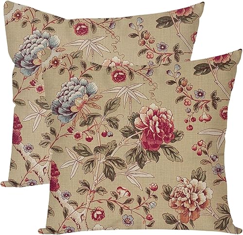Juego de 2 fundas de almohada decorativas con diseño floral vintage de 18 x 18 pulgadas, diseño chinoiserie beige para exteriores, decoración de