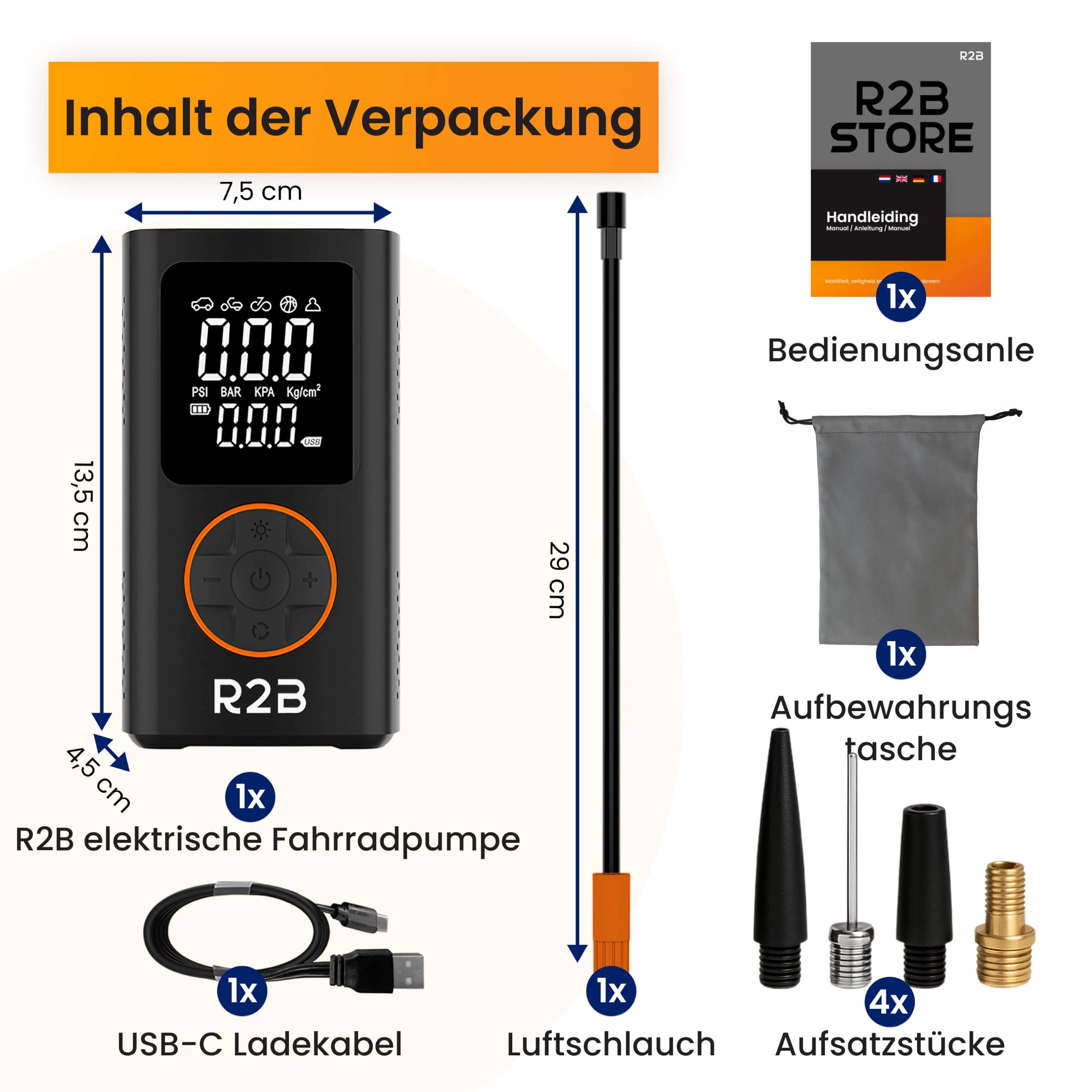 R2B Elektrische Fahrradpumpe 150 PSI, Kabellose Akku Luftpumpe mit Auto-Stop, LED-Licht, USB-C Wiederaufladbar, Mini Kompressor für Fahrrad, E-Bike, Auto, Motorrad, Bälle & Luftmatratzen