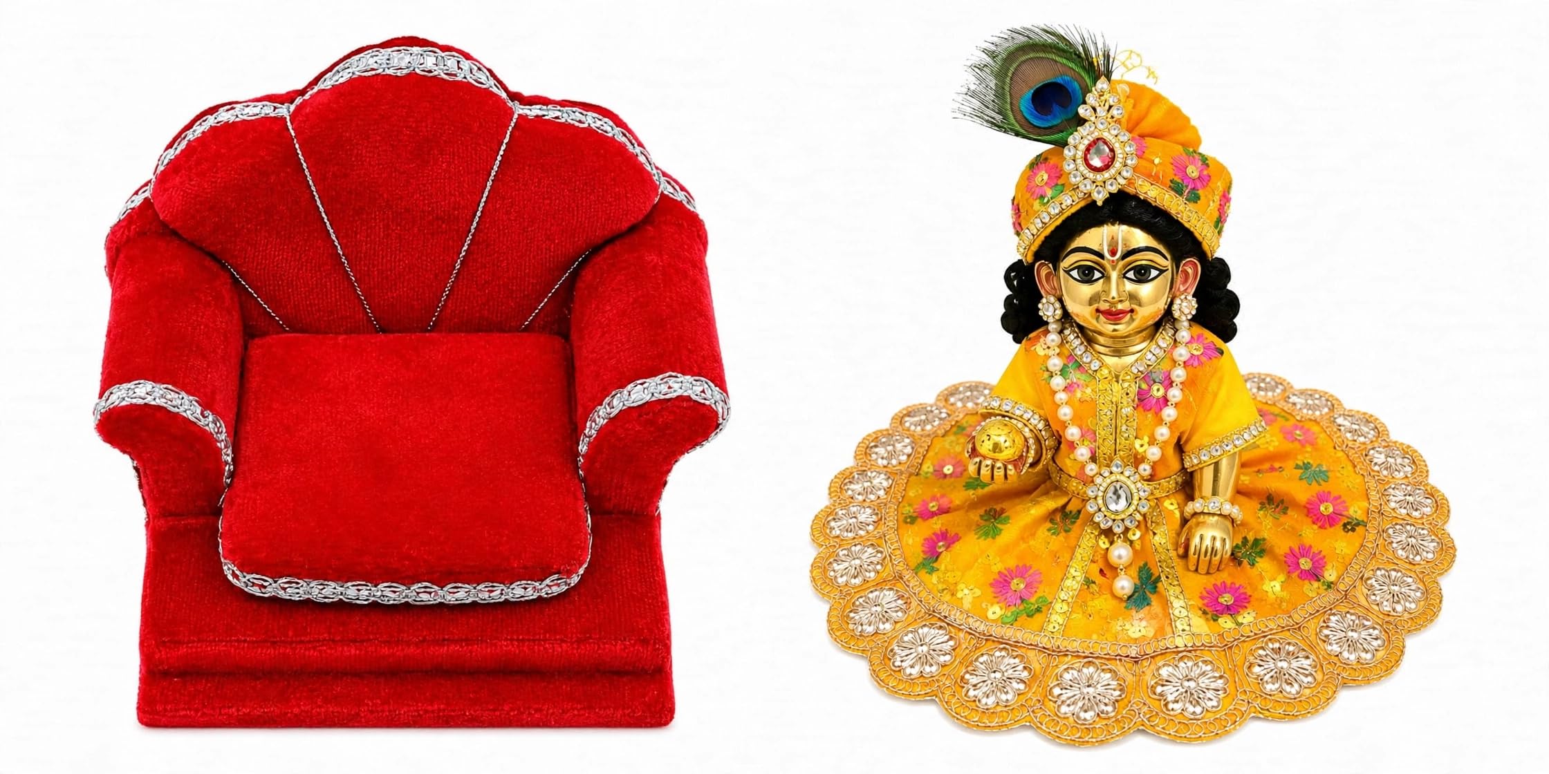 thakur ji premium yellow poshak with red sofa singhasan | deity dress set, decorative singhasan, floral bed design, jewelled embellishments, puja accessories